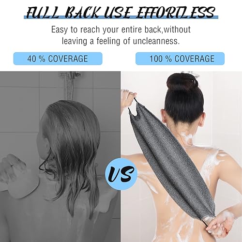 Miniatura 4 de Exfoliante de espalda para ducha, paño para la espalda, toalla de longitud extendida, de nailon, con correa elástica, para baño, paquete de 2 (gris,