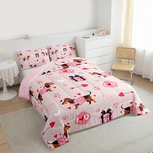 Miniatura 10 de Juego de edredón lindo de perro y gato, tamaño matrimonial, juego de ropa de cama colorido con estampado de patas de cachorro, 3 piezas para niños y