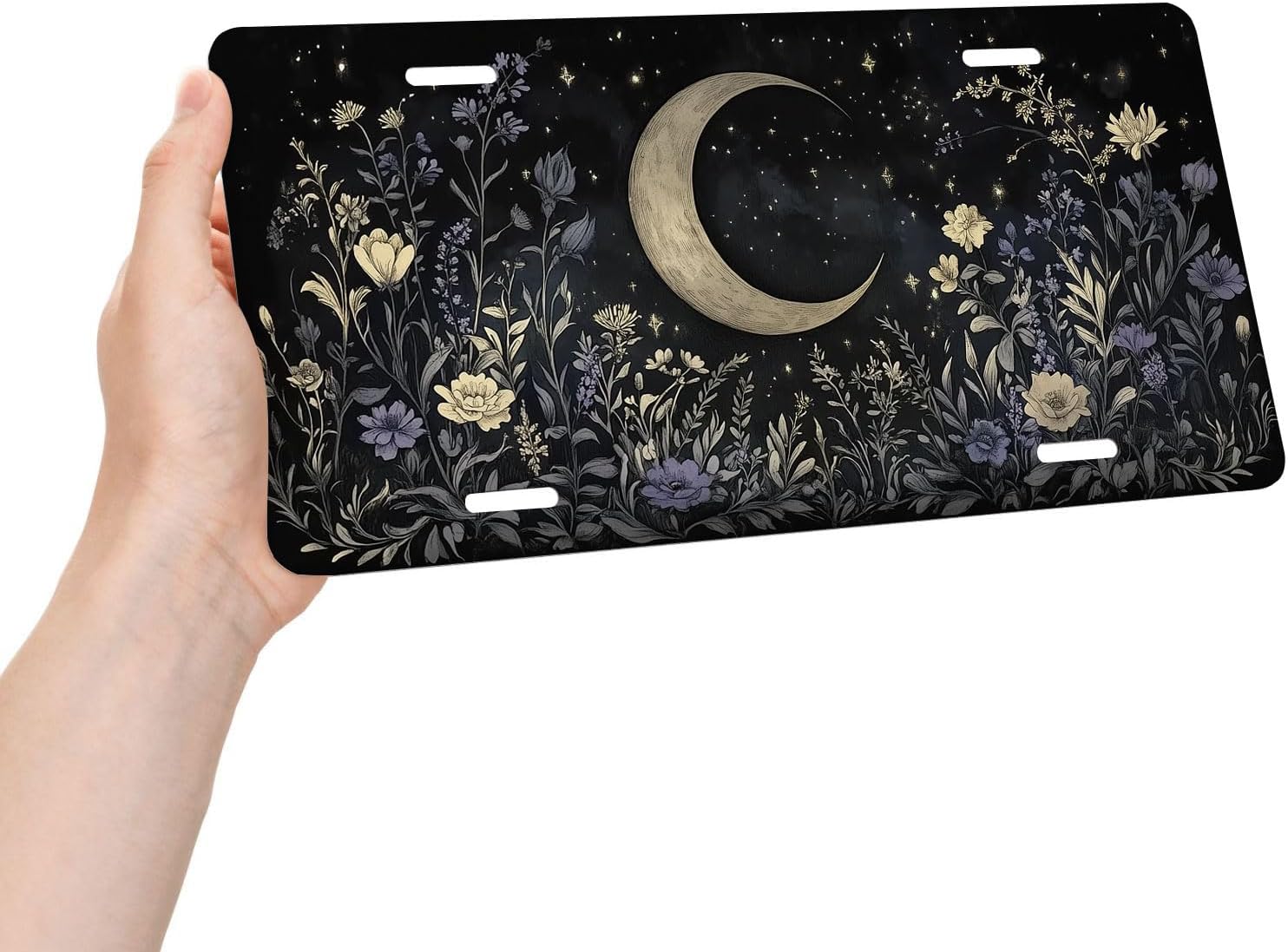 Boho Celestial Front License Plate for Men Mystic Moon Wildflower Night Garden Car Vanity Plates Decorative Aluminum Metal Cute Novelty License Plate for Women 6x12 Inch (4 Holes)