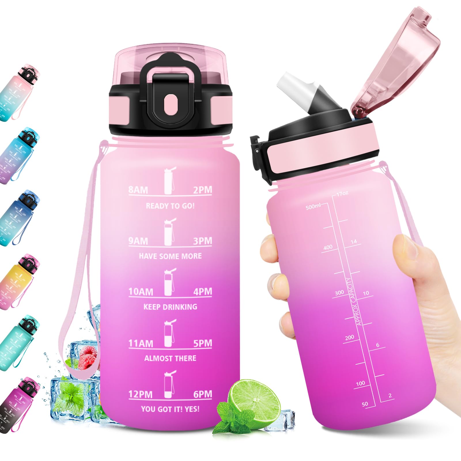 Borraccia 500ml, Bottiglia con Indicatore del Tempo Motivazionale, Bottiglia con Cannuccia, Riutilizzabile, Borraccia senza BPA, A Prova di Perdite, per Bambini, Scuola, Ufficio, Gym, Picnic