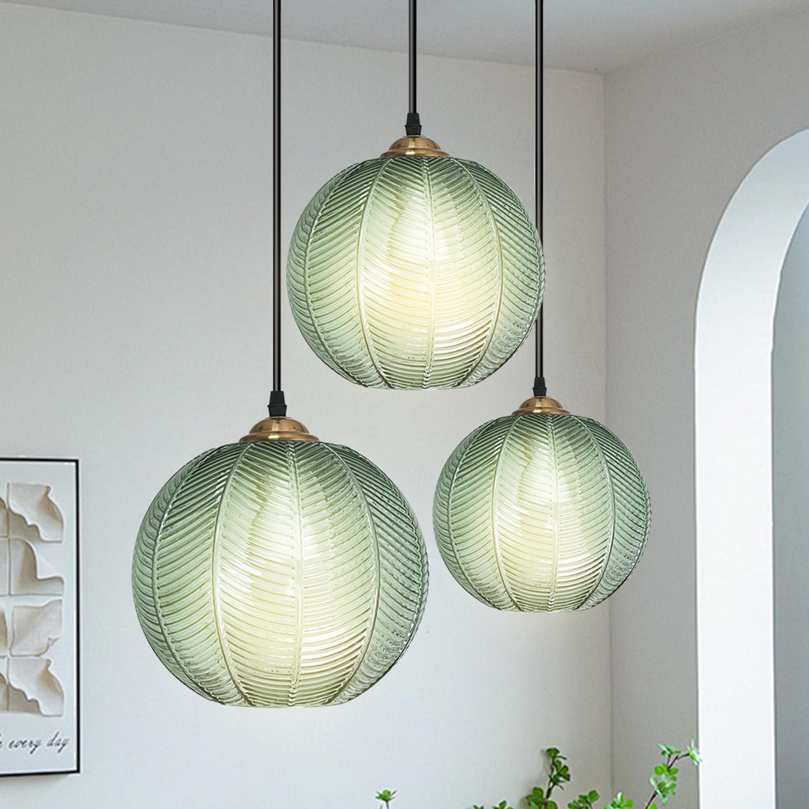 Genérico Lámpara Colte De Tres Brazos con Pantalla De Cristal Verde, Altura Regulable, Pantalla De Cristal Texturizado, Certificación Ul, Apta para Cocina, Comedor Y Sala De Estar (3 Set)