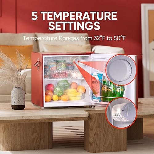 Miniatura 5 de Upstreman Mini refrigerador retro de 1.7 pies cúbicos, bajo ruido, ahorro de energía, termostato ajustable, una sola puerta, abrebotellas lateral,