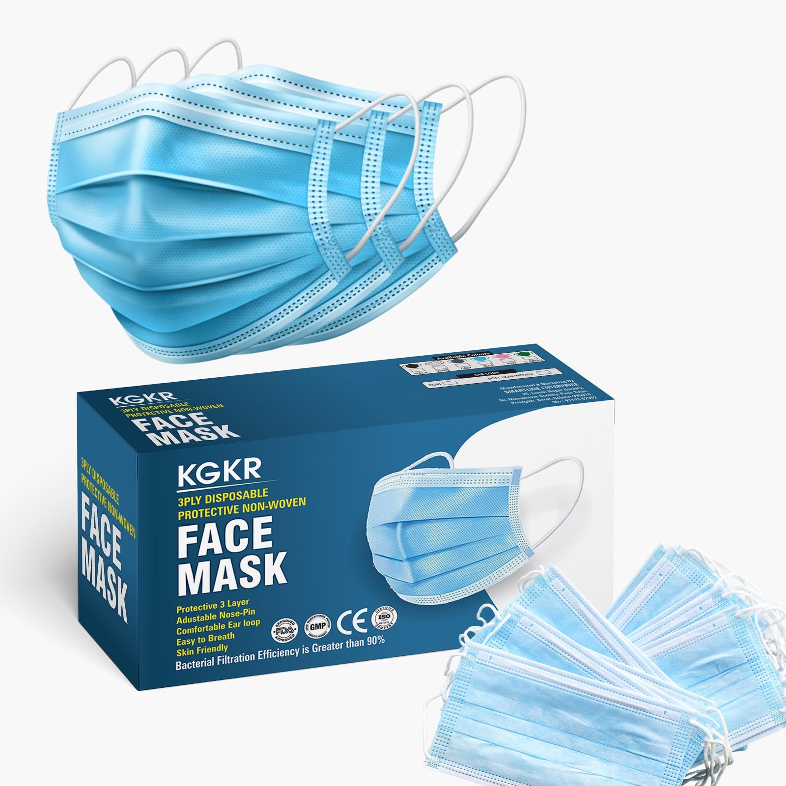 KGKR 3 Ply Non-Woven Sealed With Nose Pin and Soft Earloop Disposable Certified Three Layer Pharmaceutical Breathable Surgical Pollution Face Mask For All Men, Women, Kids (Blue, 100)-image-26
