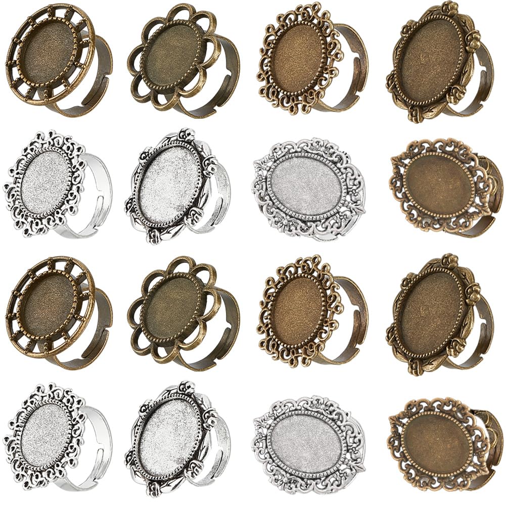 SUNNYCLUE 16 Pcs DIY 8 Ensembles Antique Bronze Anneau Blancs Anneau Réglable Paramètres Vierges Cabochon Paramètres pour la Fabrication de Bijoux Cabochons Turquoise Synthétique Composants Anneau Sty