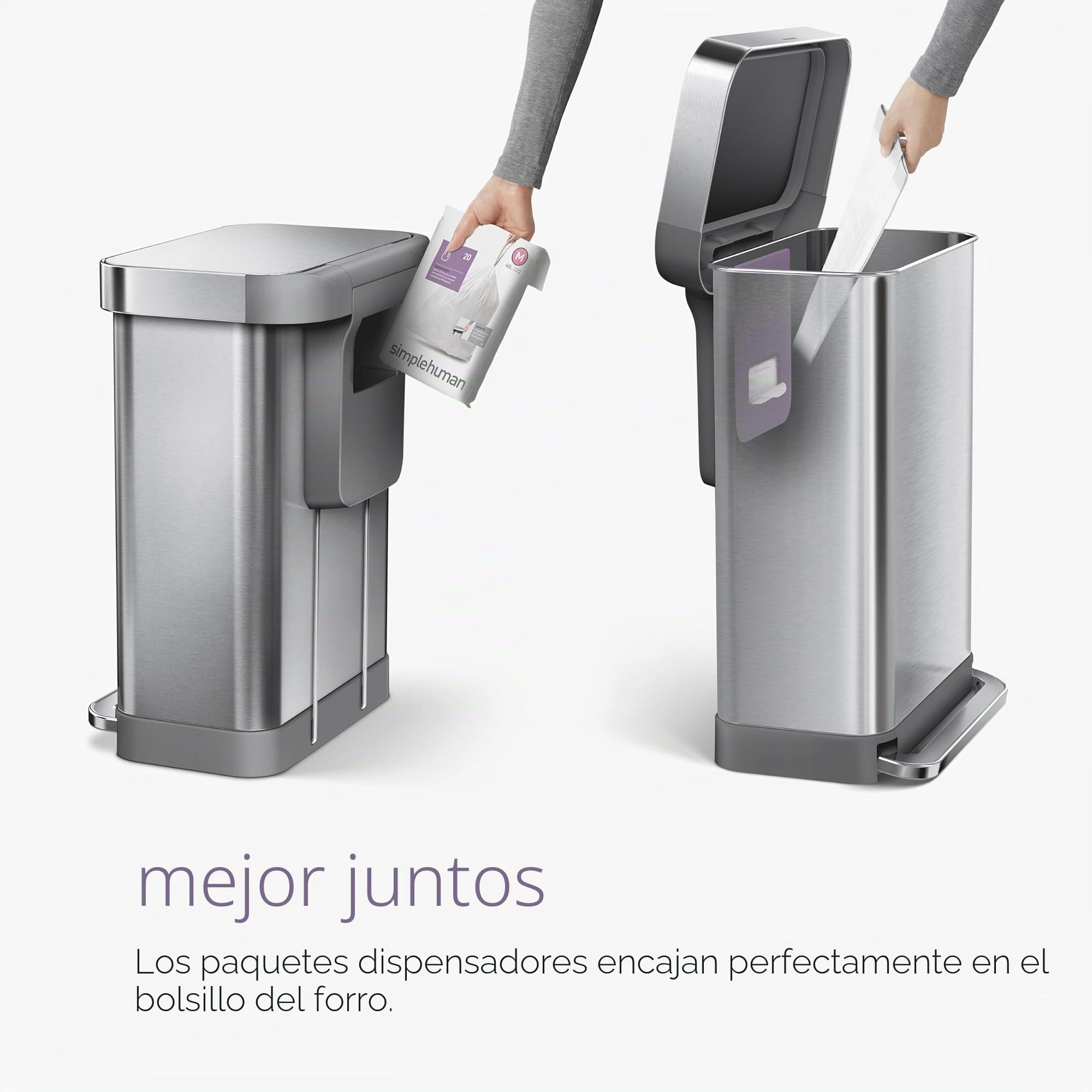 simplehuman CW2025 cubo doble compartimento con pedal y almacén de bolsas de basura, acero inoxidable cepillado, 58 L (34/24)