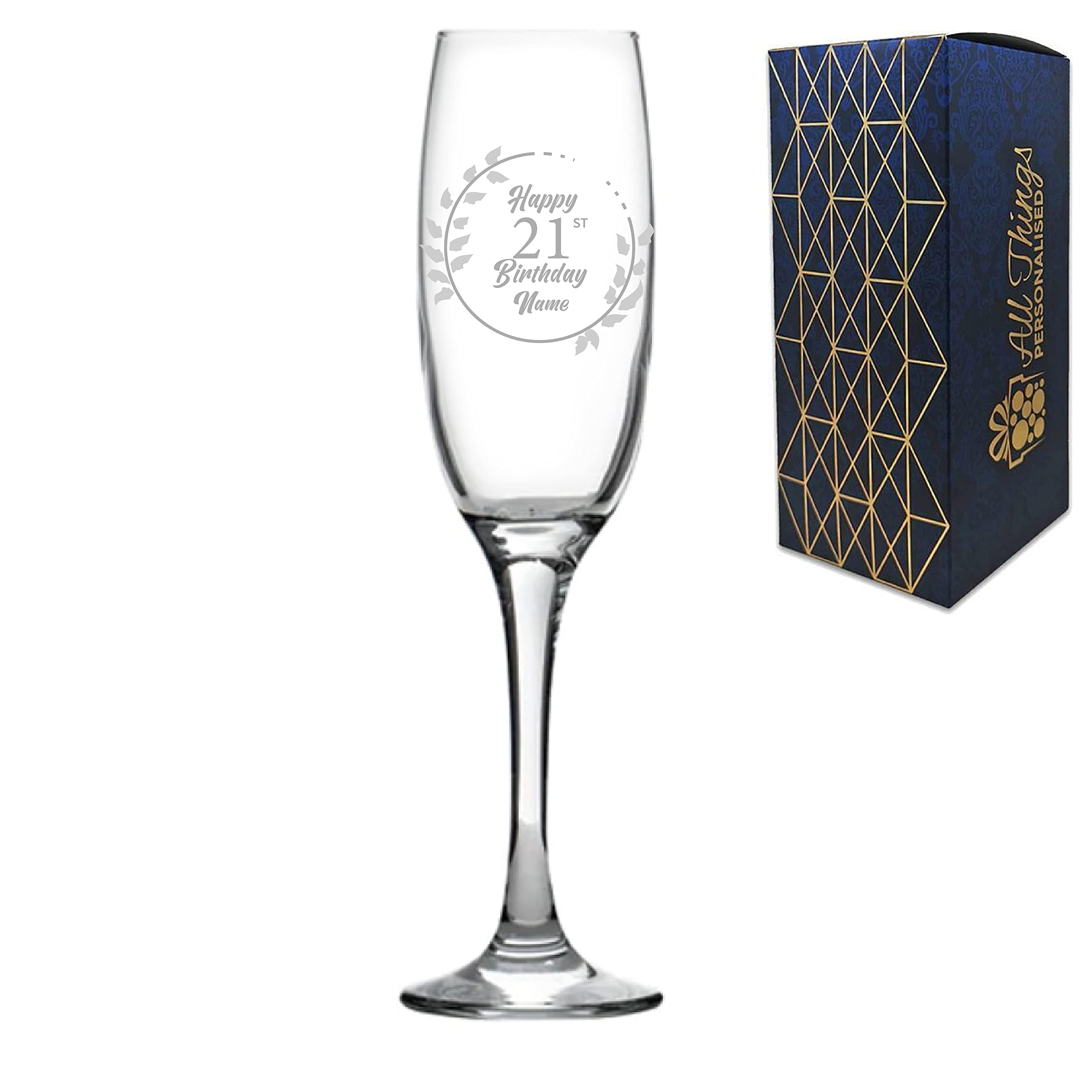 Personalised Engraved Champagne Flute Happy 21st Birthday Wreath Design Gift BoxedGlass Holds 7.43oz/220ml, Customise with Any Name, Engraved in The UK