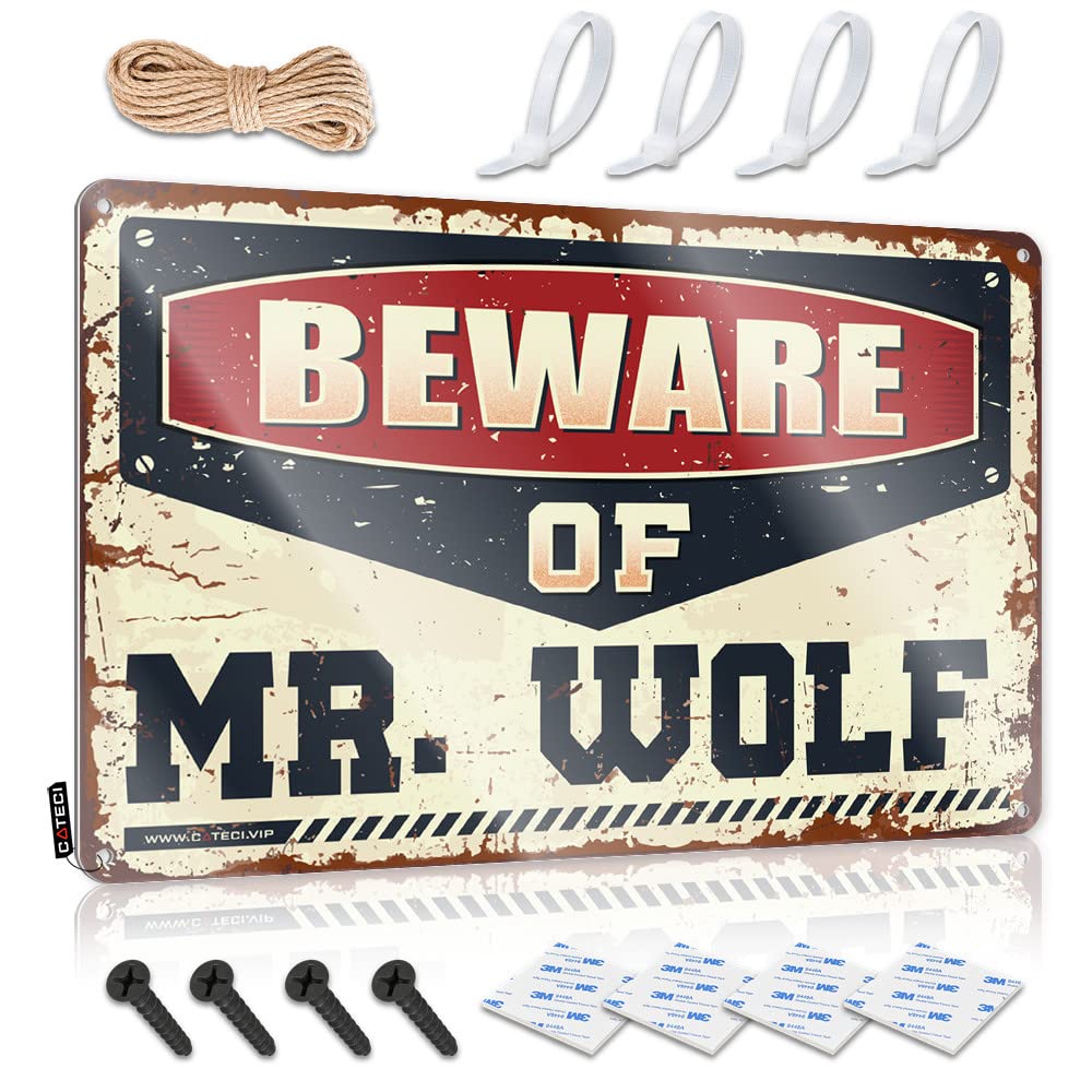ZTBBDNQHA Personalized Man Cave Sign Beware Of Mr. Wolf Tin Sign Funny Kitchen Decor Beer Bar Metal Sign(30X40CM)