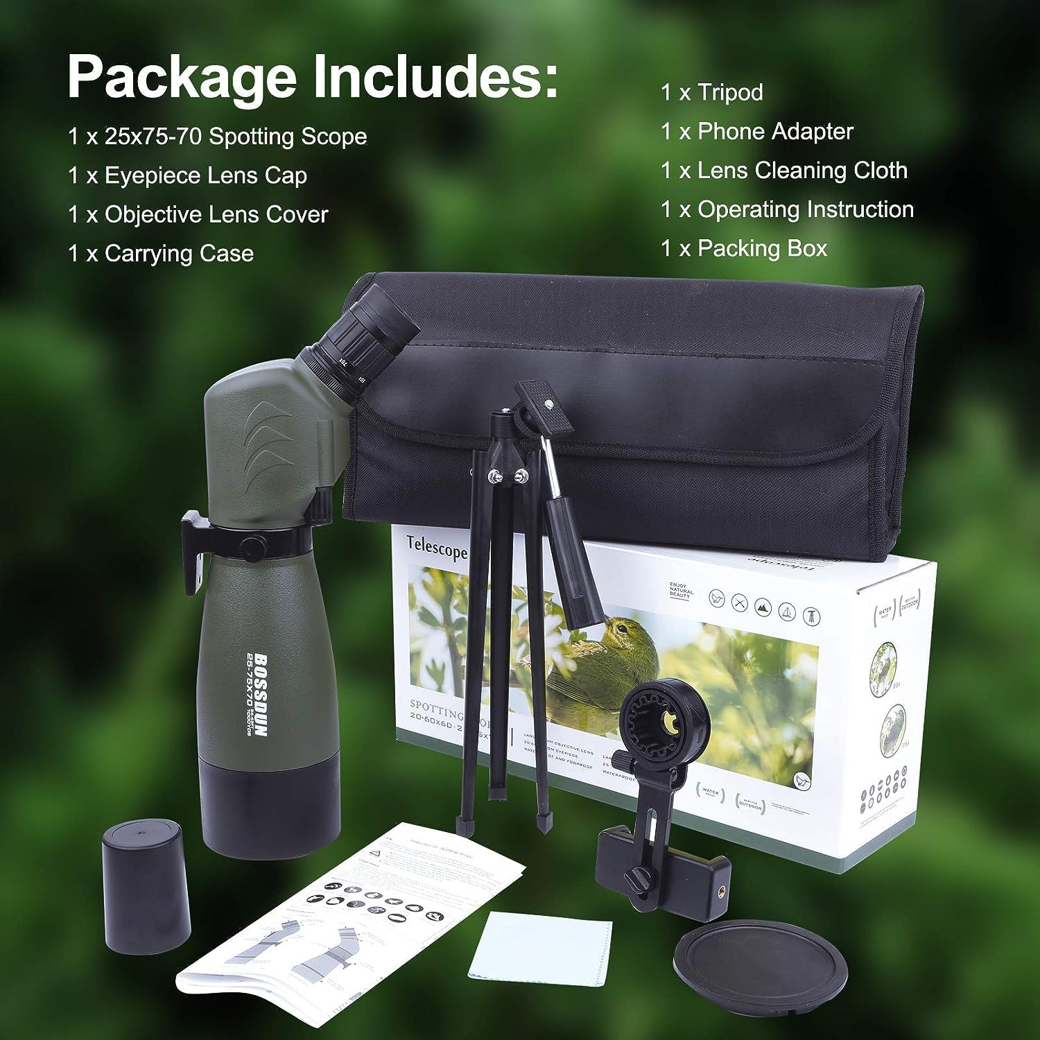 25-75x70 Telescopio Terrestre con Trípode, Bolsa de Transporte y Adaptador de Teléfono Inteligente,para Turismo Safari Observación de Estrellas Tiro con Arco Camping Paisaje de Vida Silvestre