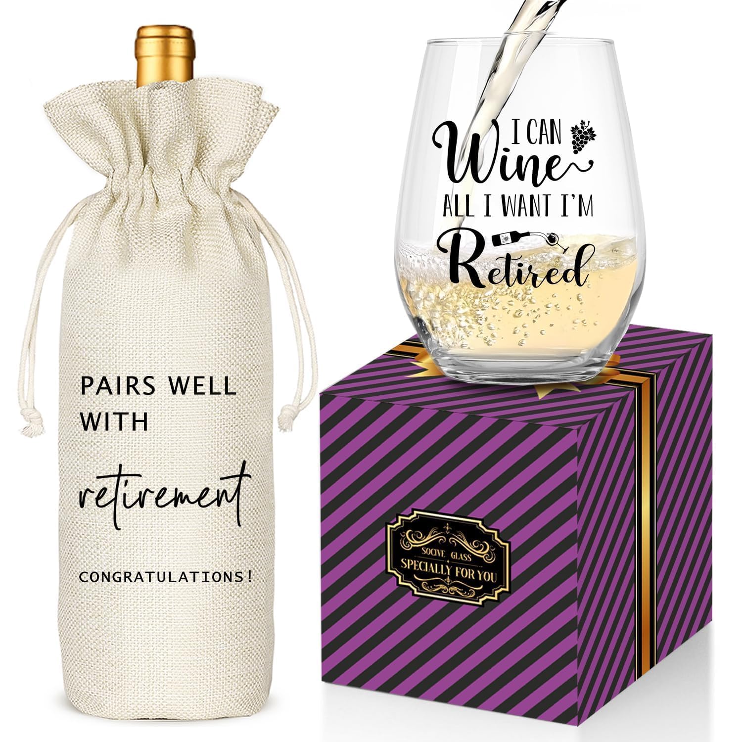 Socive Retirement Gifts for Women Men, Funny Retirement Wine Glass and Wine Bag Set, Best Retired Gifts for Friends Cowkers Doctors Nurses Teachers