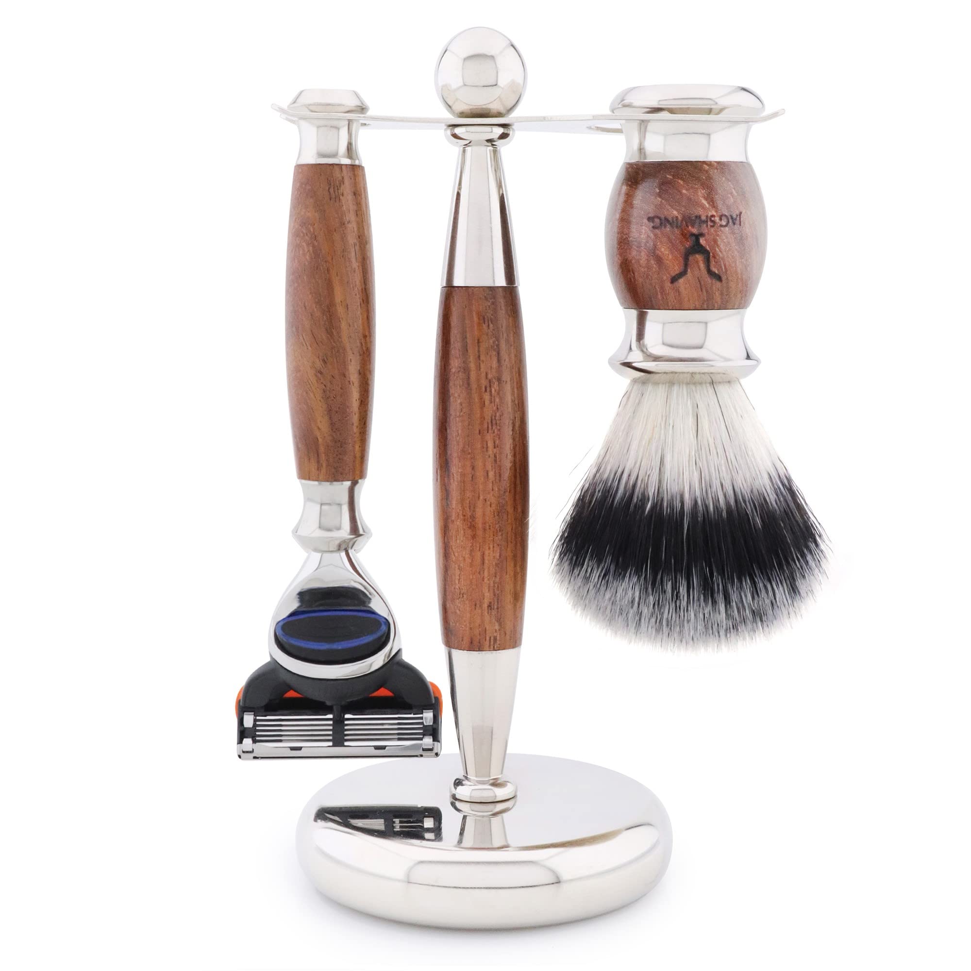 Jag Shaving zestaw do golenia - JAG's LEE Range 4-częściowy zestaw do golenia - syntetyczny pędzel do golenia z włosia srebrnego - 5 ostrzy do golenia stojak na golenie ze stali nierdzewnej i drewna - miska do golenia - zestaw drewna