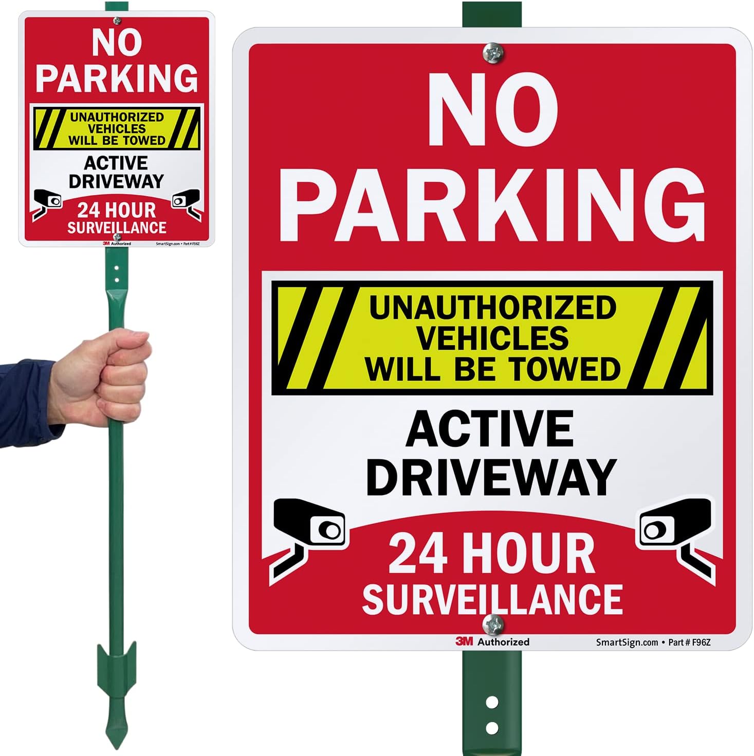 SmartSign 12 x 10 inch “No Parking - Unauthorized Vehicles Towed, Active Driveway” Yard Sign with 3 foot Stake, 40 mil Aluminum, 3M Laminated Engineer Grade Reflective, Multicolor, Set of 1, USA-Made