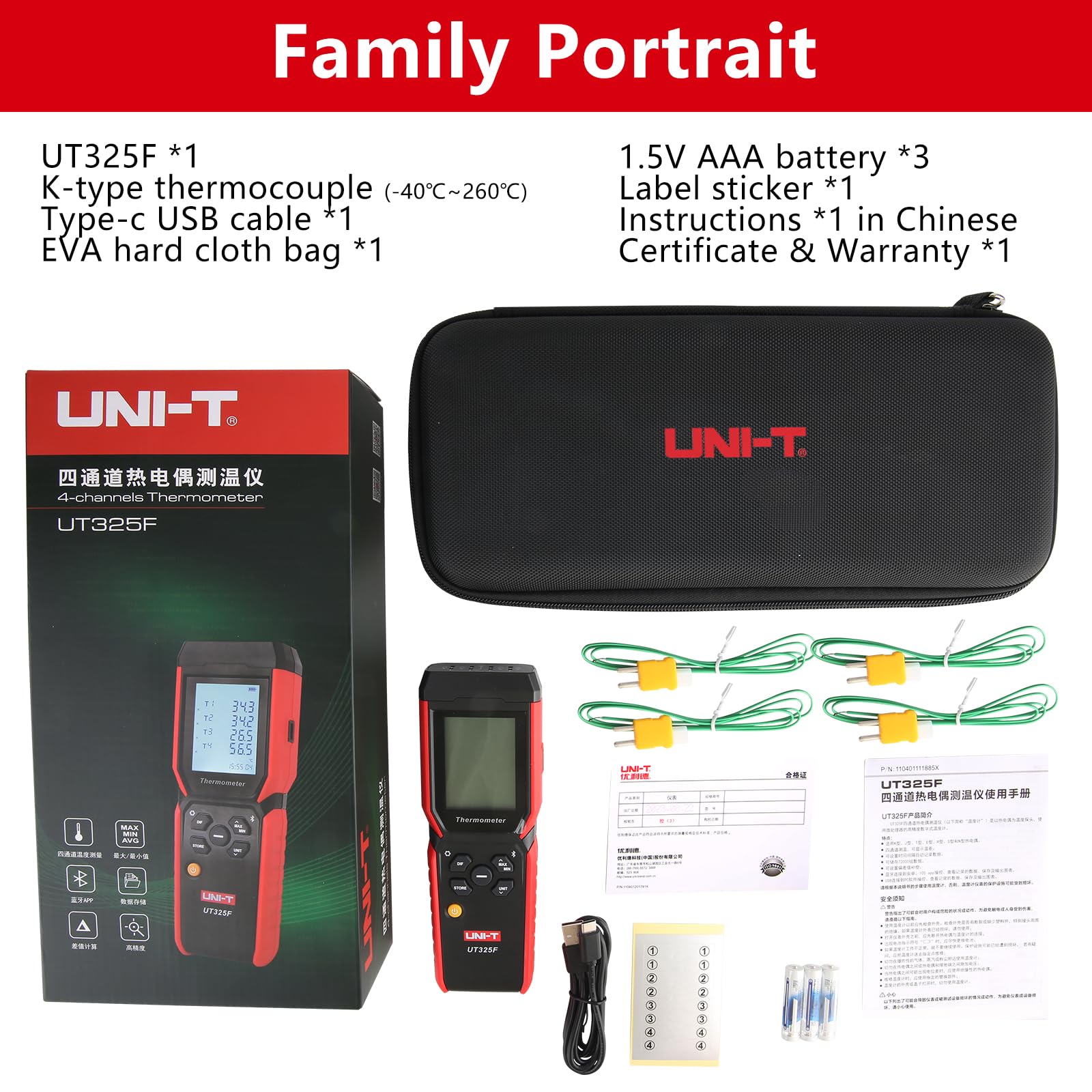 UNI-T UT325F Intelligent Industriell Klasse 4-Kanal Thermoelement Thermometer/J,K,T,E,R,S,N Typ Sonde Bluetooth Daten Lagerung
