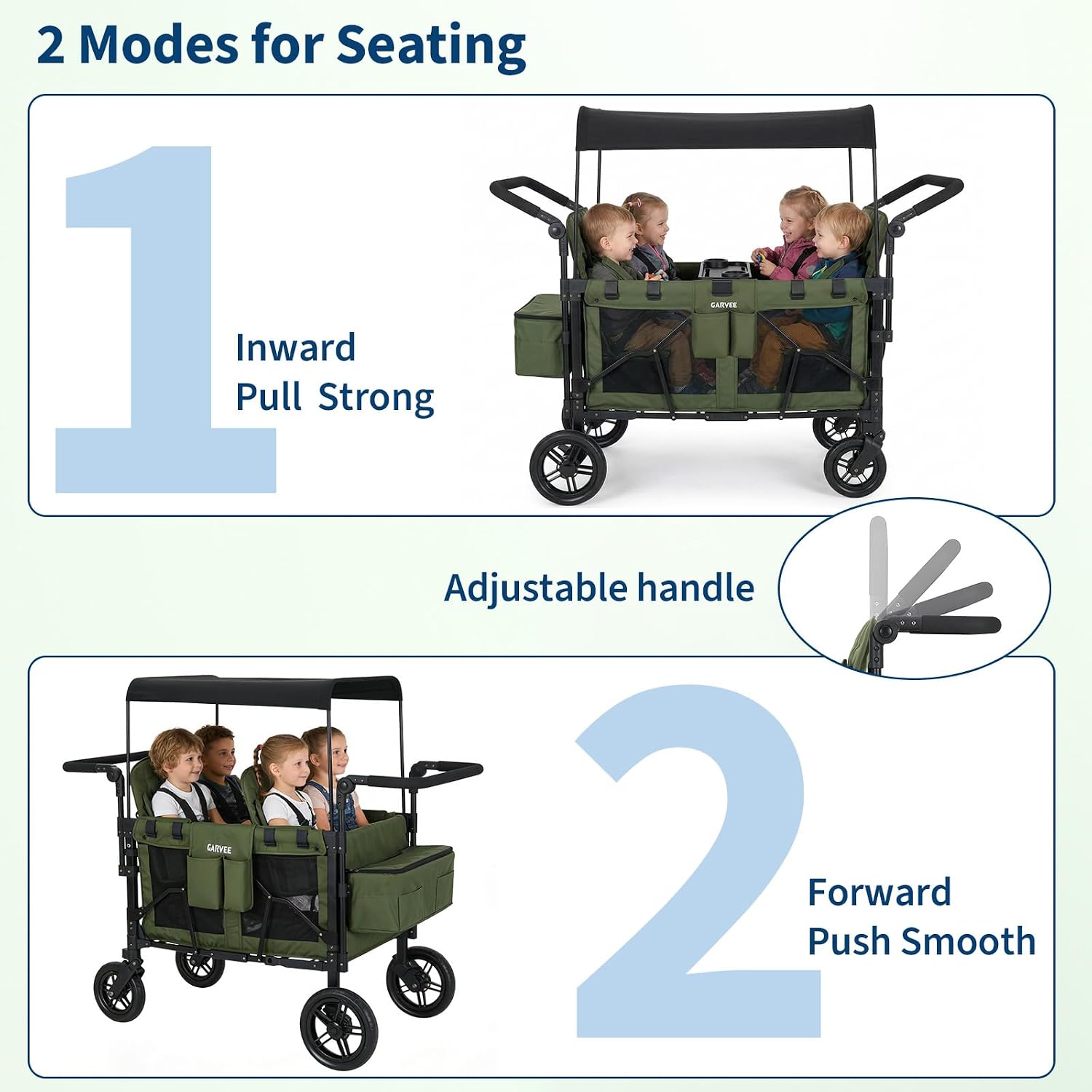 4 Seater Stroller Wagon, All-Terrain, Premium Wagon Stroller for Kids with Safety Harness, Snack Tray, Removable Canopy, Swivel & Fixed Wheels, One-Step Brake, Green
