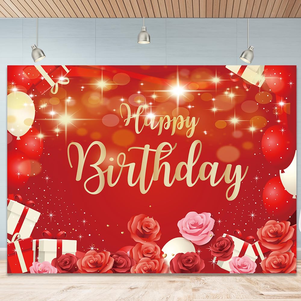 5x3Ft Happy Birthday Backdrops for Women Red Rose Balloons Gift Decoration Background Happy Birthday Backdrop for Photo Studio Birthday Party Birthday Party Decorations Photo Props