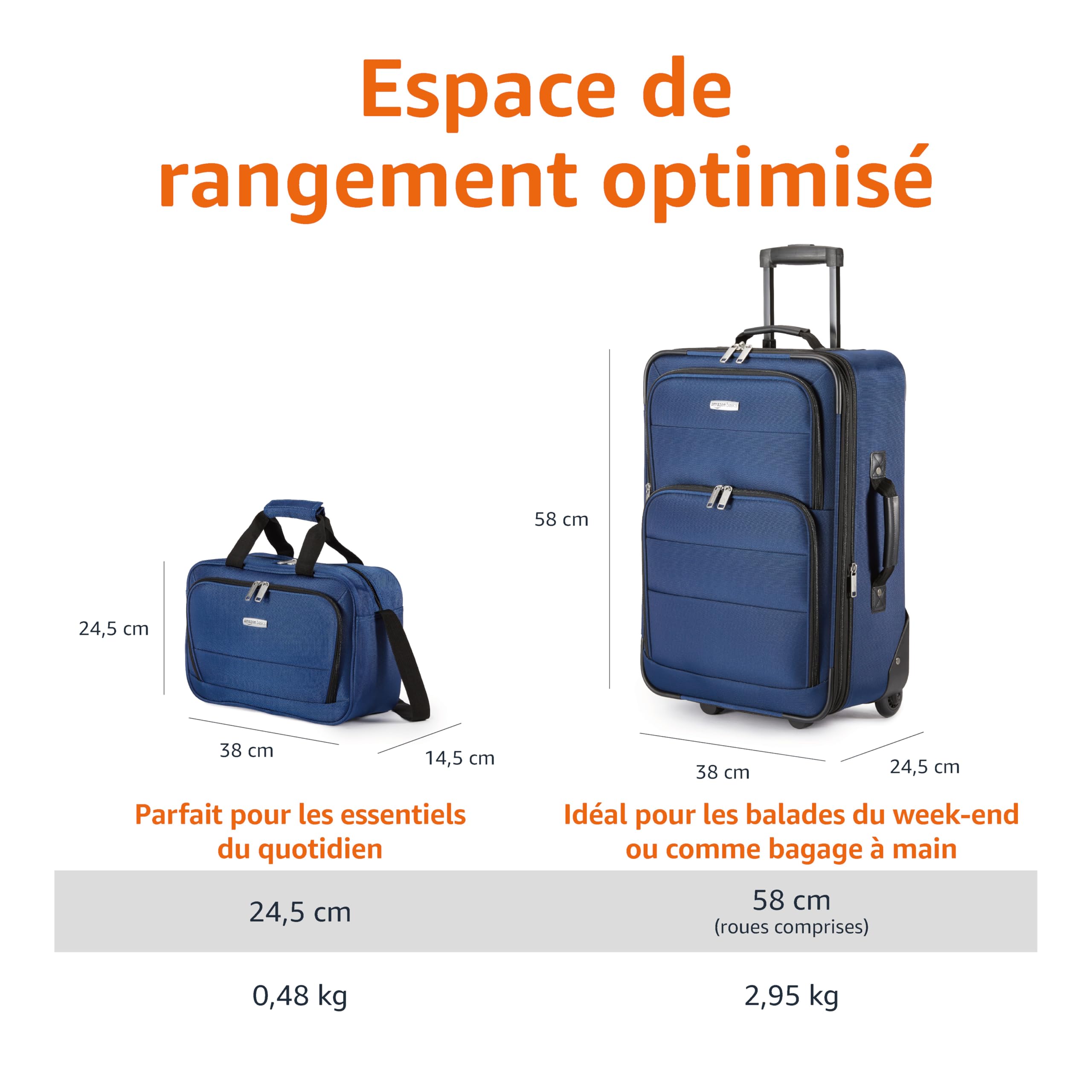 Amazon Basics Lot de 2 Valises Souples Extensibles (58 cm) et Sac Fourre-Tout (25 cm), Légers, 100% Polyester, Ensemble de Bagages Empilables, Bleu Marine