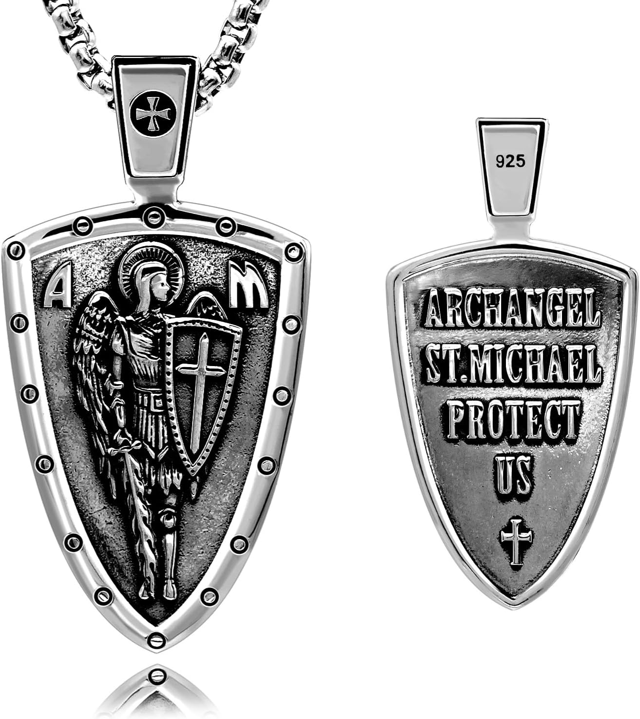 Saint Michael Archangel Pendant Necklace 925 Sterling Silver Shield Medal Protect Us Prayer Angel Cross Sword Christian Sacramental Devotional + Velvet Pouch, Polishing Cloth, Gift Box