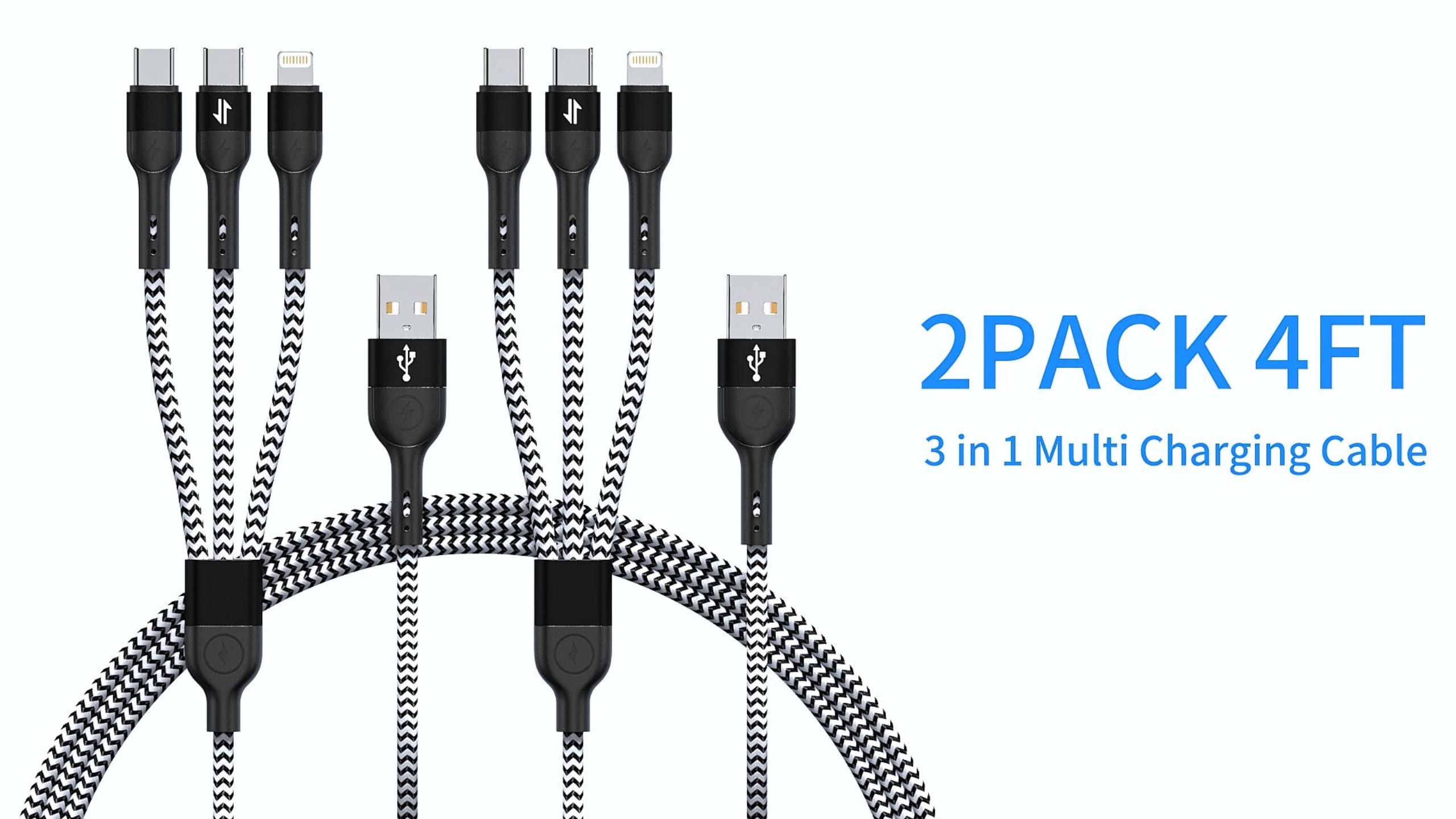 Image of Multi Charging Cable, 3 in 1 Charging Cable for Multiple Devices, Nylon Braided Universal Charger for Travel, USB Cable Multiple Phone Charger with Type C Lightning for iPhone17 /16 /15 /14 /13(2Pack 4FT)