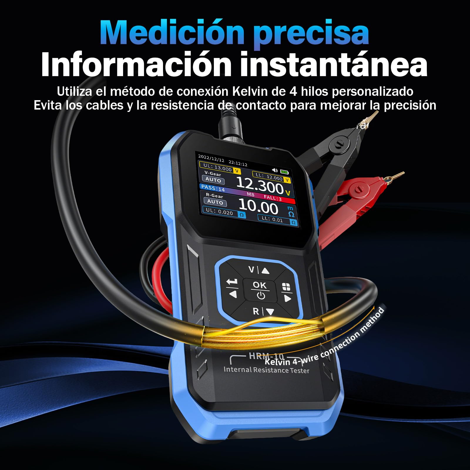 HRM-10 Ccomprobador de baterias,0mΩ-200Ω 100 V Comprobador de pilas,Kelvin de 4 hilos,1000 mAh,Guardado automático/Clasificación/Comparación/Apagado automático,Comprobador de resistencia interna
