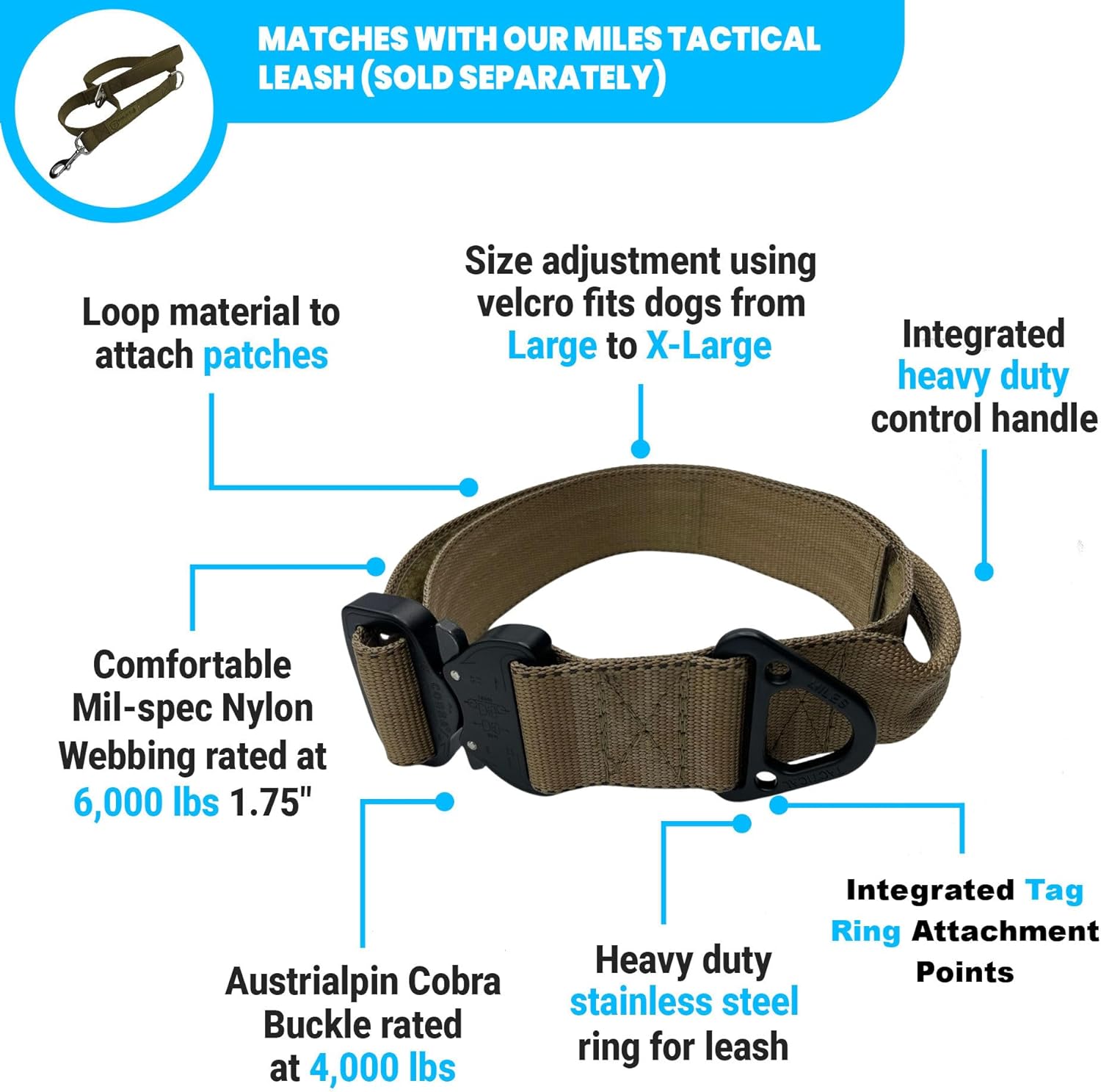 Miles Tactical Cobra Buckle Dog Collar Heavy Duty for Large Dogs K9 and Military Made in USA (Large with Handle, Coyote Brown)