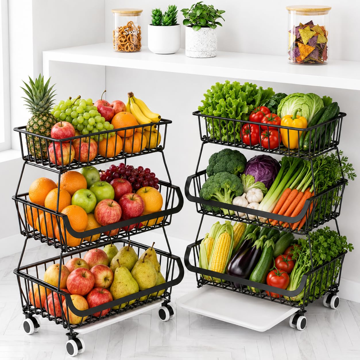 Obstkorb 3 Ebenen, rollbarer Gemüsekorb aus Metall, Früchtekorb Küchenwagen mit Rollen, Aufbewahrungskorb Organizer für Obst, Gemüse, Zwiebeln, Kartoffeln, Snacks, Küche, Vorratskammer, schwarz