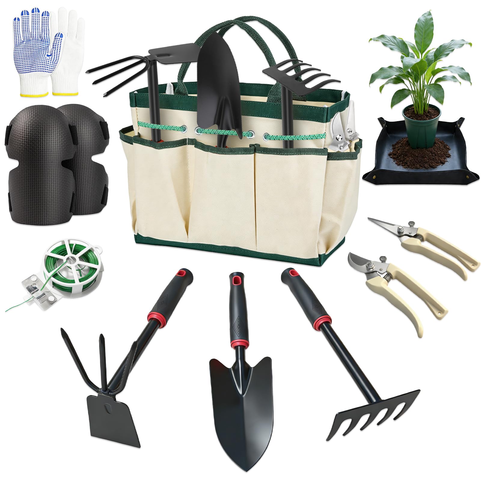 GPANDAG Garden Tools 10 Pcs Gardening Tools w/Tool Bag, Kneeling Pads