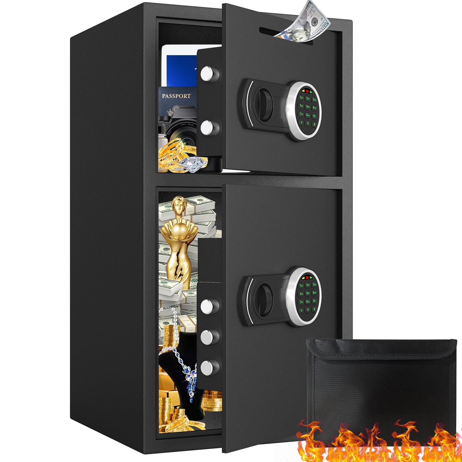 6.1 Cu ft Extra Large Home Safe Box with Fireproof Waterproof Bag, Digital Home Safe Box with Deposit Slot & Metal Storage Box, Soft Lining Money Safe with Backlit Keypad & Dual Alarm for Home