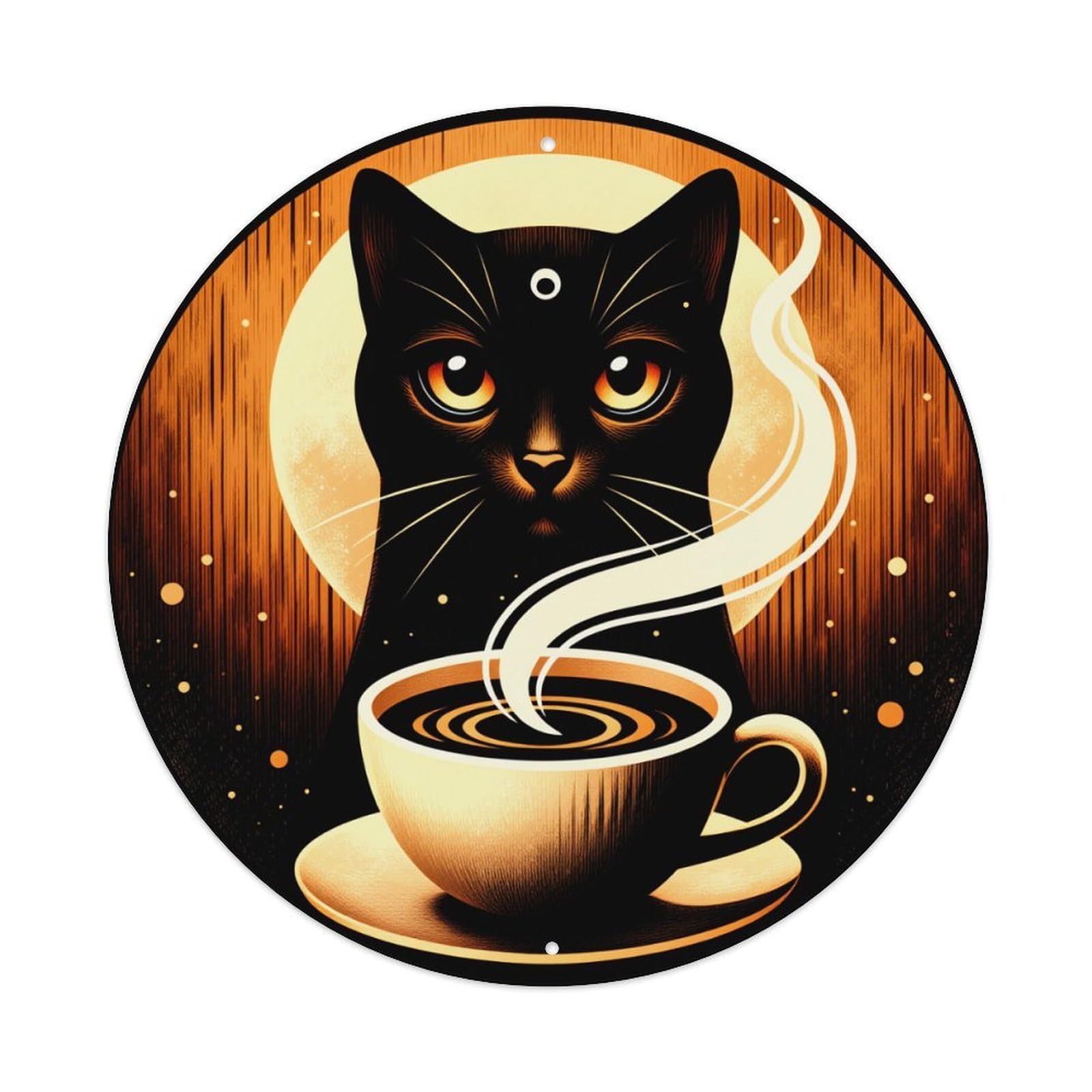 Black Cat Coffee Moon Steam Round Tin Sign Vintage Style Metal Sign Home Bar Garden Wall Plaque Decor Metal Poster 8x8 Inch