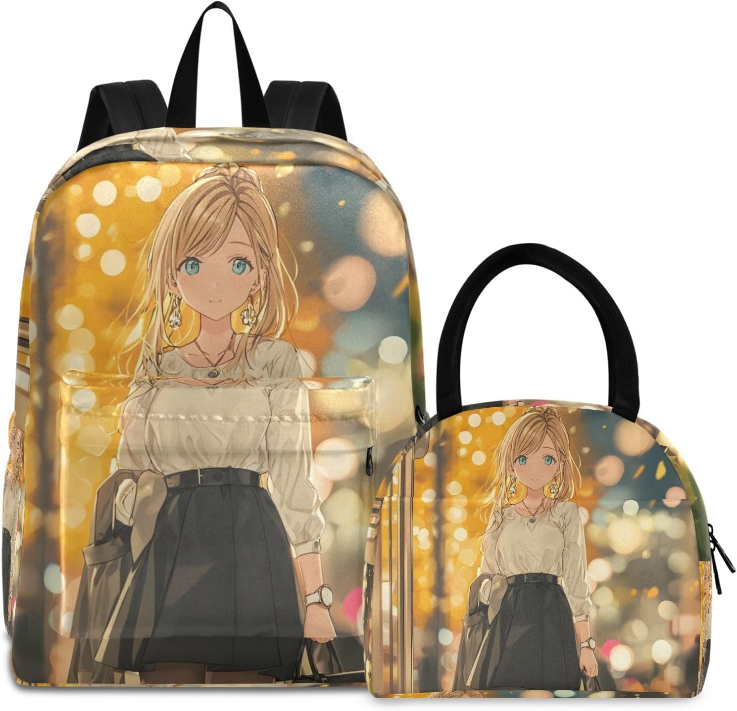 Lightweight Backpack with Lunch Box Set Anime Japanese Woman - Fits 15.6” Laptop for Women Men, Multiple Pockets for Work and Travel