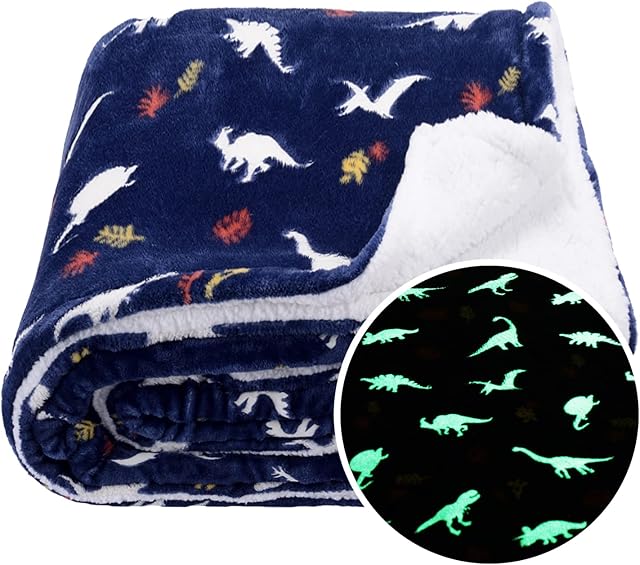 SOCHOW Glow in The Dark Sherpa Fleece Throw Blanket, Jurassic Dinosaur Pattern Double-Sided Super Soft Luxurious Plush Blanket for Kids, 127cm×150cm, Navy Blue