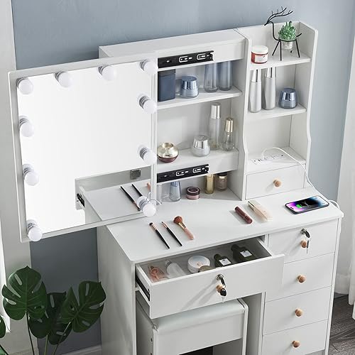Miniatura 6 de Mesa de tocador de maquillaje con luces LED y espejo, juego de tocador de maquillaje con cajones y taburete (Modern PW06)