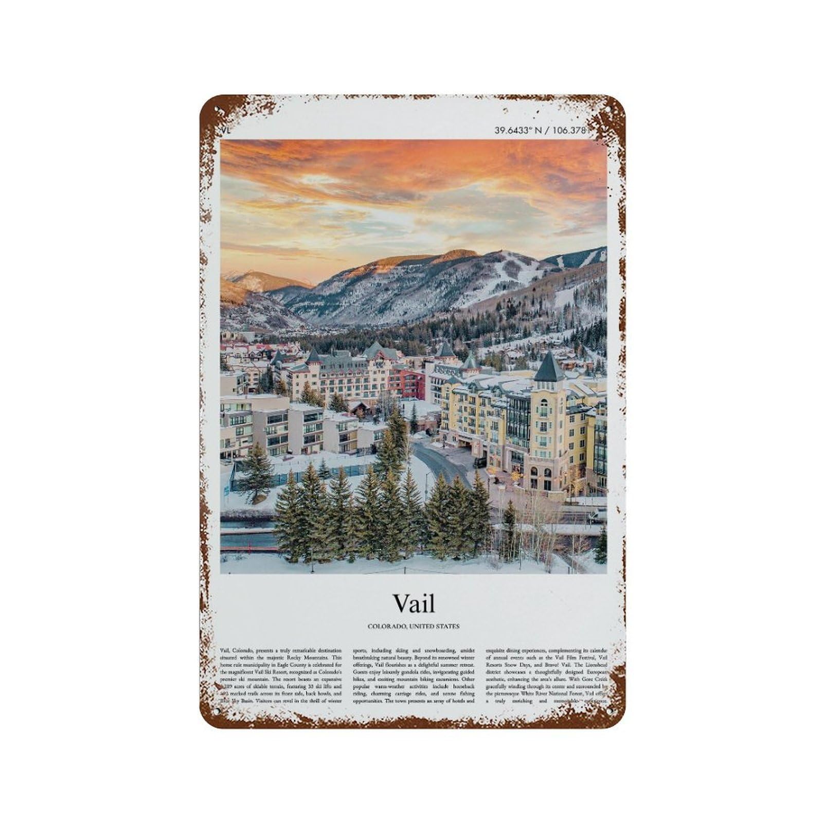 xiaoxiaoshen Vail Colorado, United States, USA City Scenery Wall Decor Art Metal Tin Poster Modern Home Decor Art Home Bar Shop Decorations Vintage Sign 30x20cm