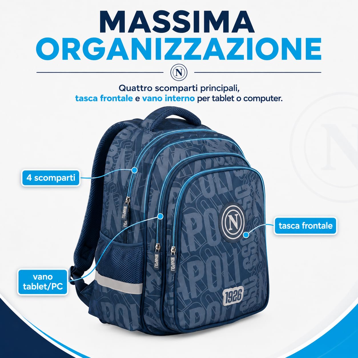 Colourbook Zaino Scuola Napoli Pallone Omaggio (Blu) | Quattro scomparti zip, Tasca interna computer, Spallacci imbottiti regolabili, Tessuto alta resistenza, Calcio originale