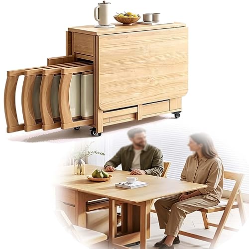 Table à Manger Pliante, Table Pliante en Bois Massif，Roues et