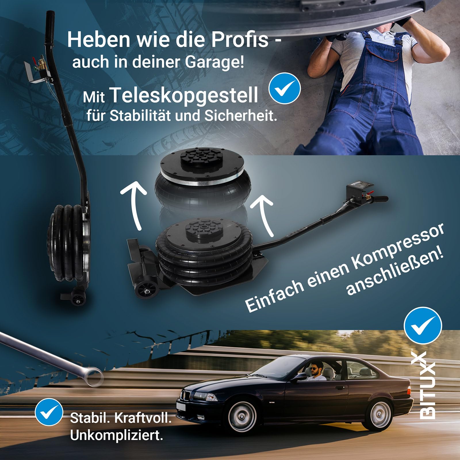 BITUXX Pneumatischer Wagenheber Druckluftwagenheber Luftkissen Autoheber für KFZ Auto bis 3000Kg 3T Schwarz