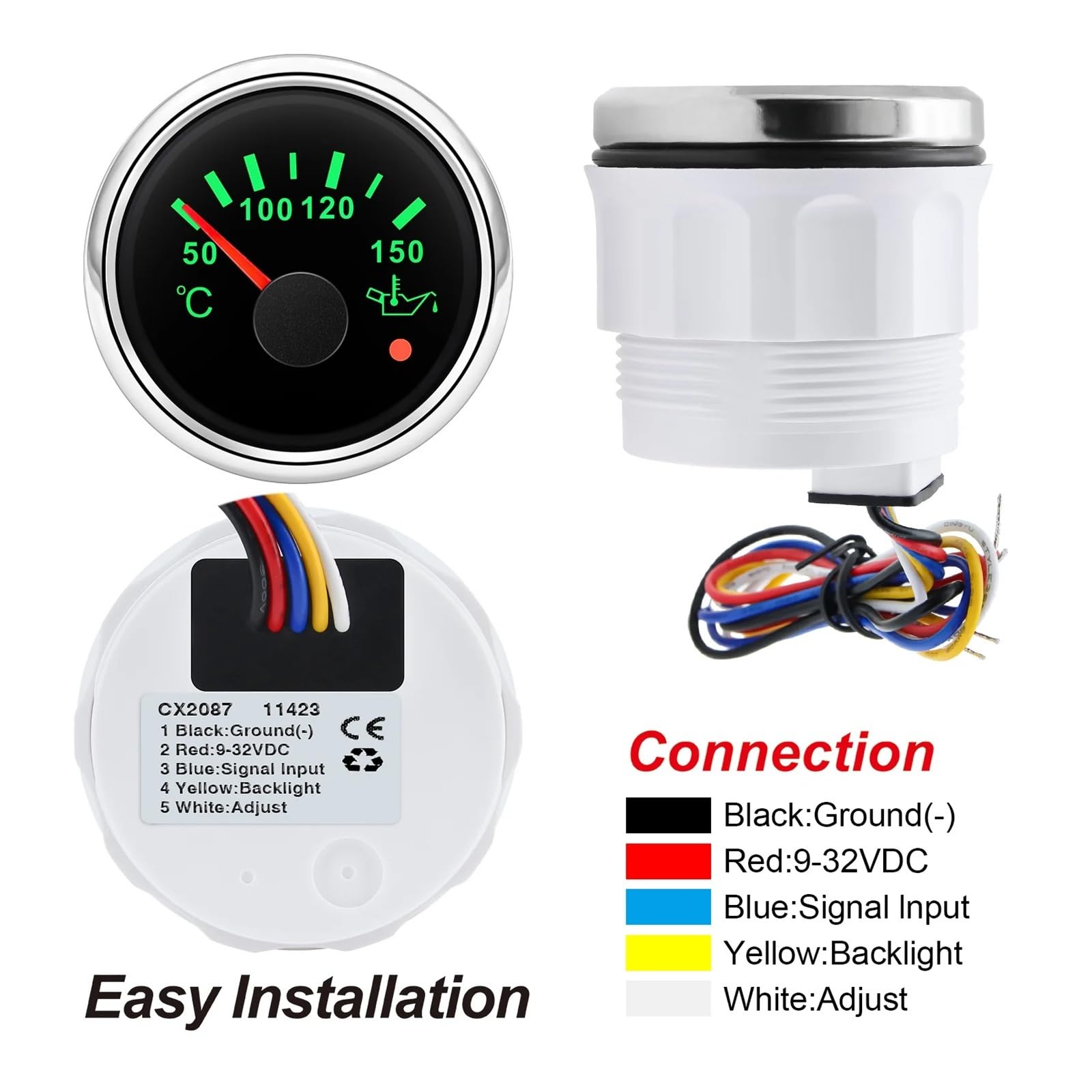 Wskaźnik temperatury oleju z 7 kolorami światła i migającym alarmem, miernik temperatury oleju LED 52 mm + czujnik 1/8NPT do łodzi samochodowej Wysoka widoczność(Black)