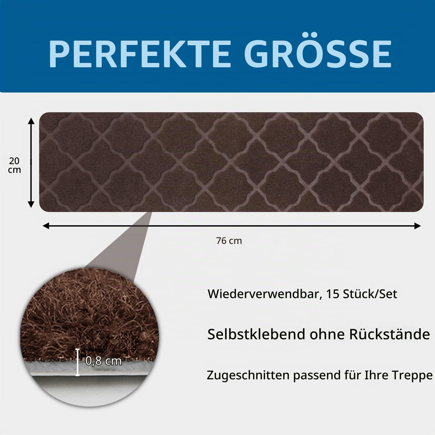 GOYLSER Stufenmatten Treppenstufen Matten Treppenteppich Selbstklebend Treppenmatten Anti-Rutsch Stufenteppich Rechteckig Rutschschutz Teppich für Kinder Haustiere Braun (76x20cm 15 Stück)