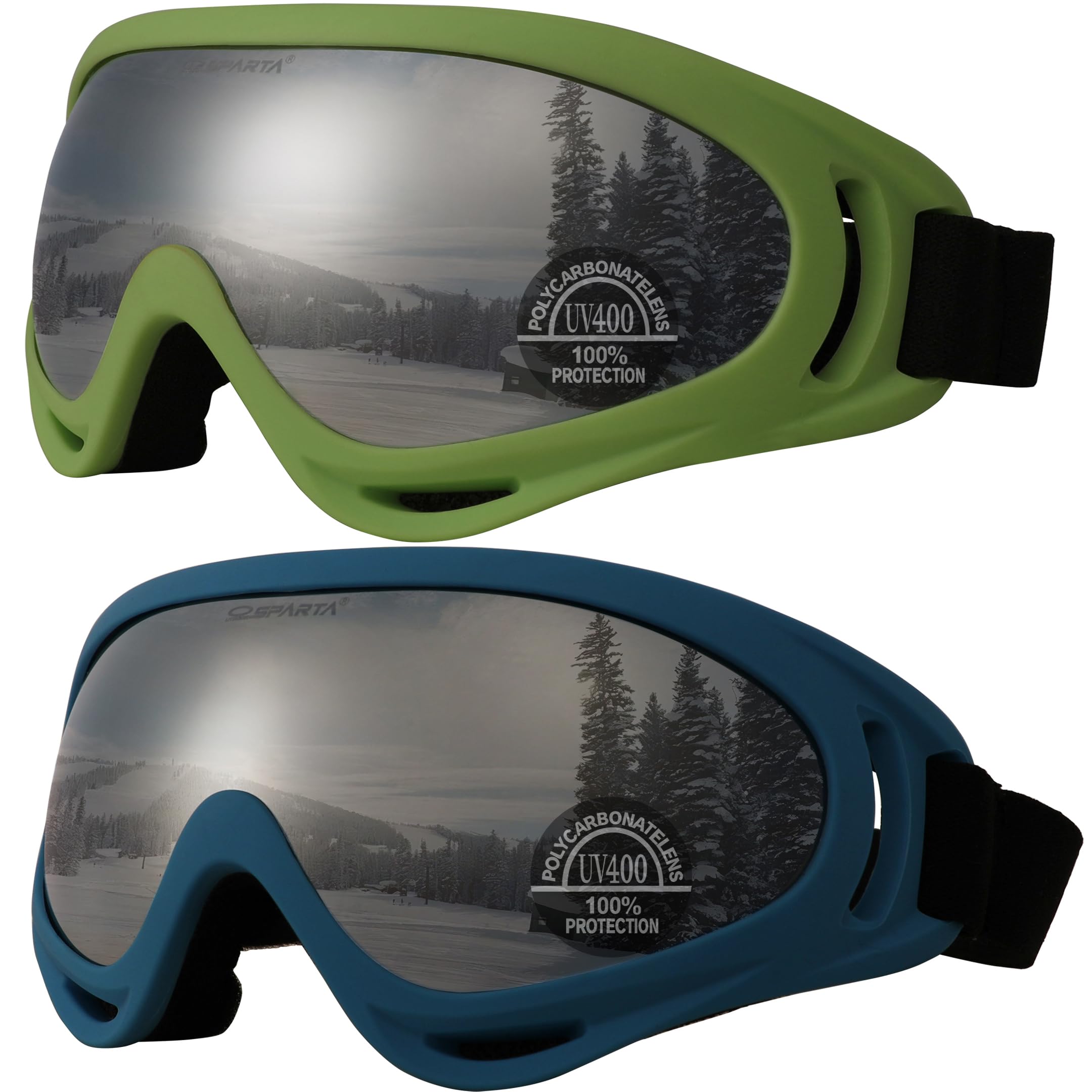 OUTDOORSPARTA 2-Pack Ski Goggles Snow Sports Goggles Snowboarding Goggles Motocycle Glasses for Men Women Youth Kids Boys Girls (8. Green Frame, Silver Lens; Blue Frame, Silver Lens)