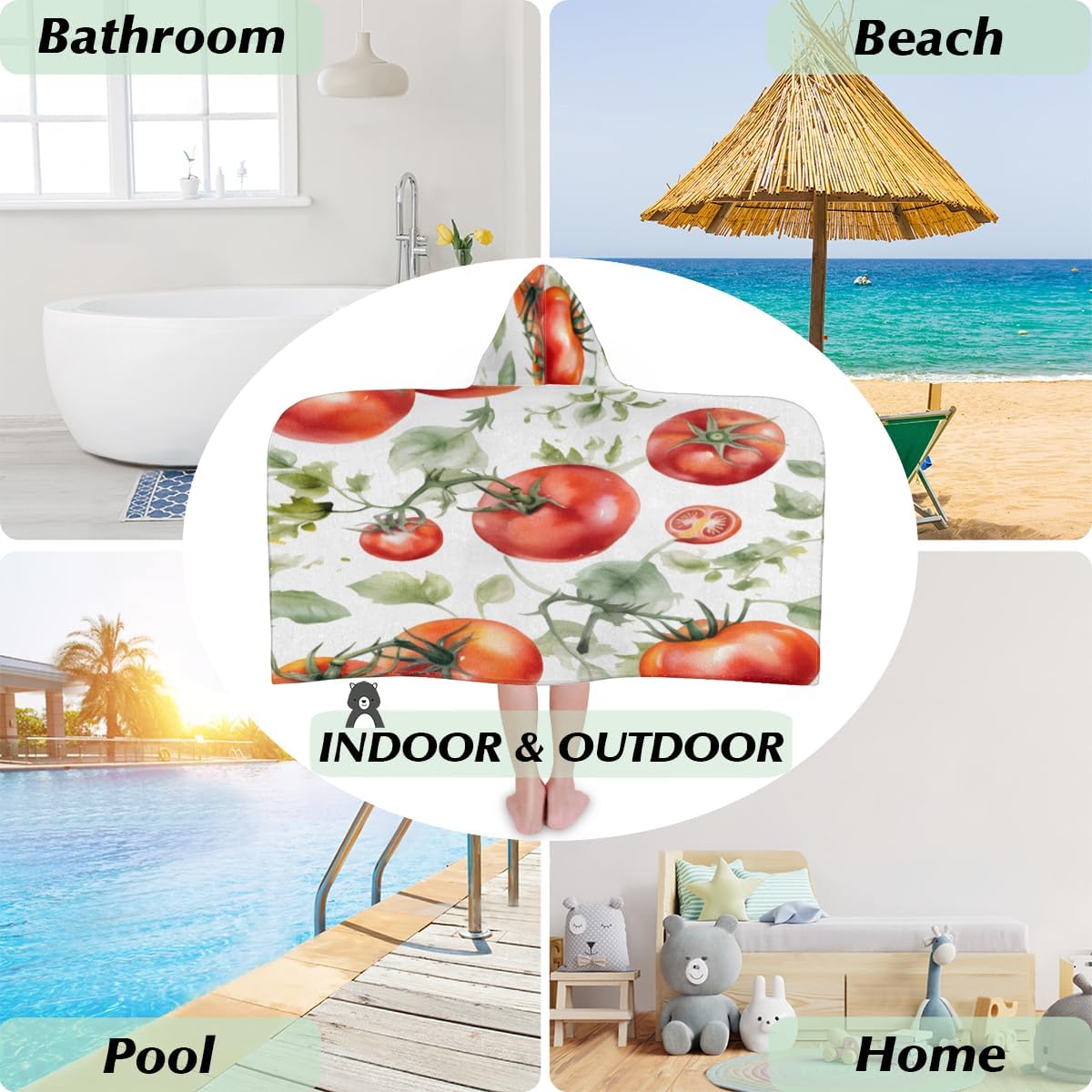 Pardick Kids Bath Towel Fruit Tomatoes Beach Towel with Hood Pool Cover Up for Girls Boys Soft Absorbent Hooded Bath Towel Toddler Towels for Beach, Pool