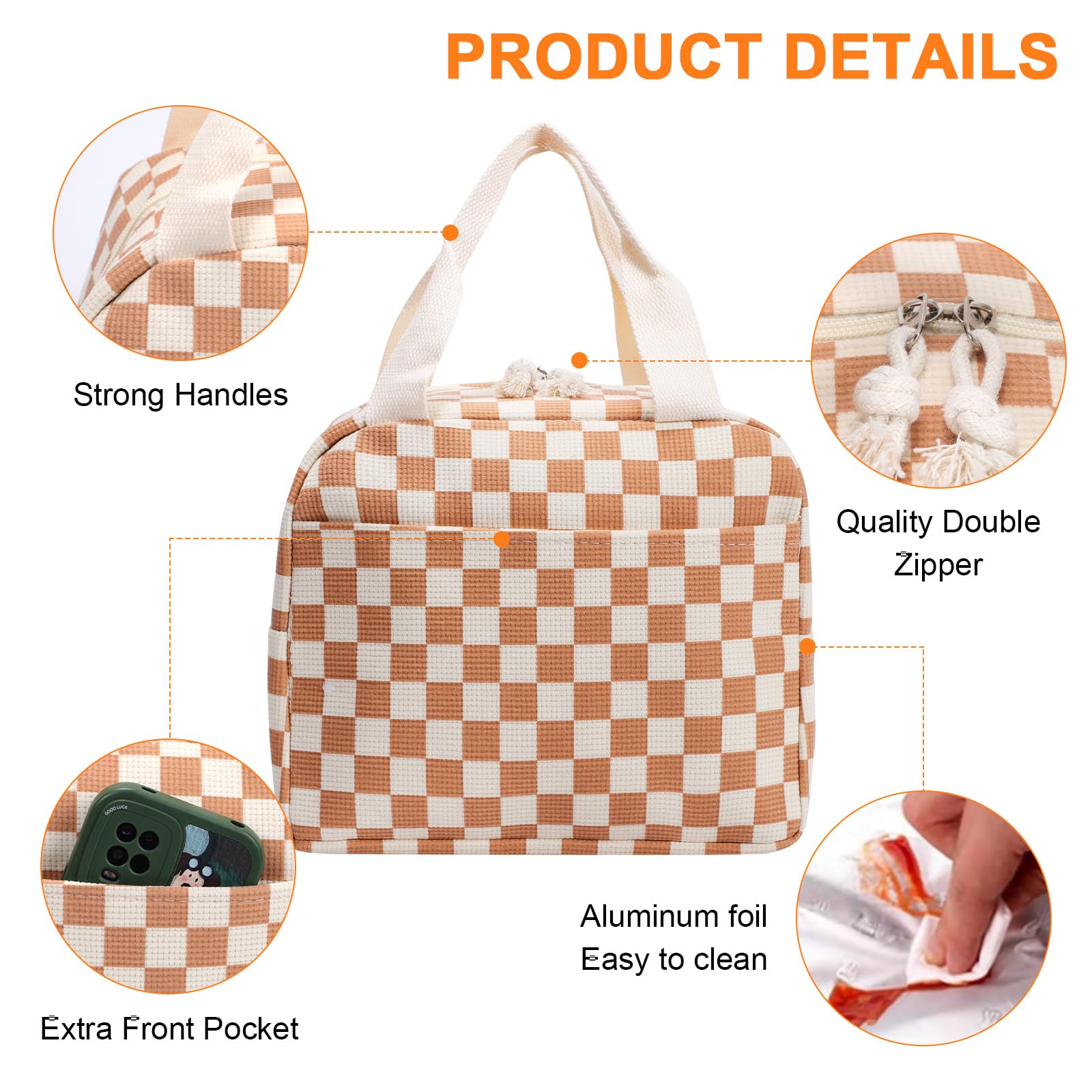 Risipu Insulated Lunch Bag for Women Kids Reusable Leakproof Children's Cooler Bag Lunch Box Bags for Girls Work School BBQ Picnic (Coffee Plaid) - Image 3