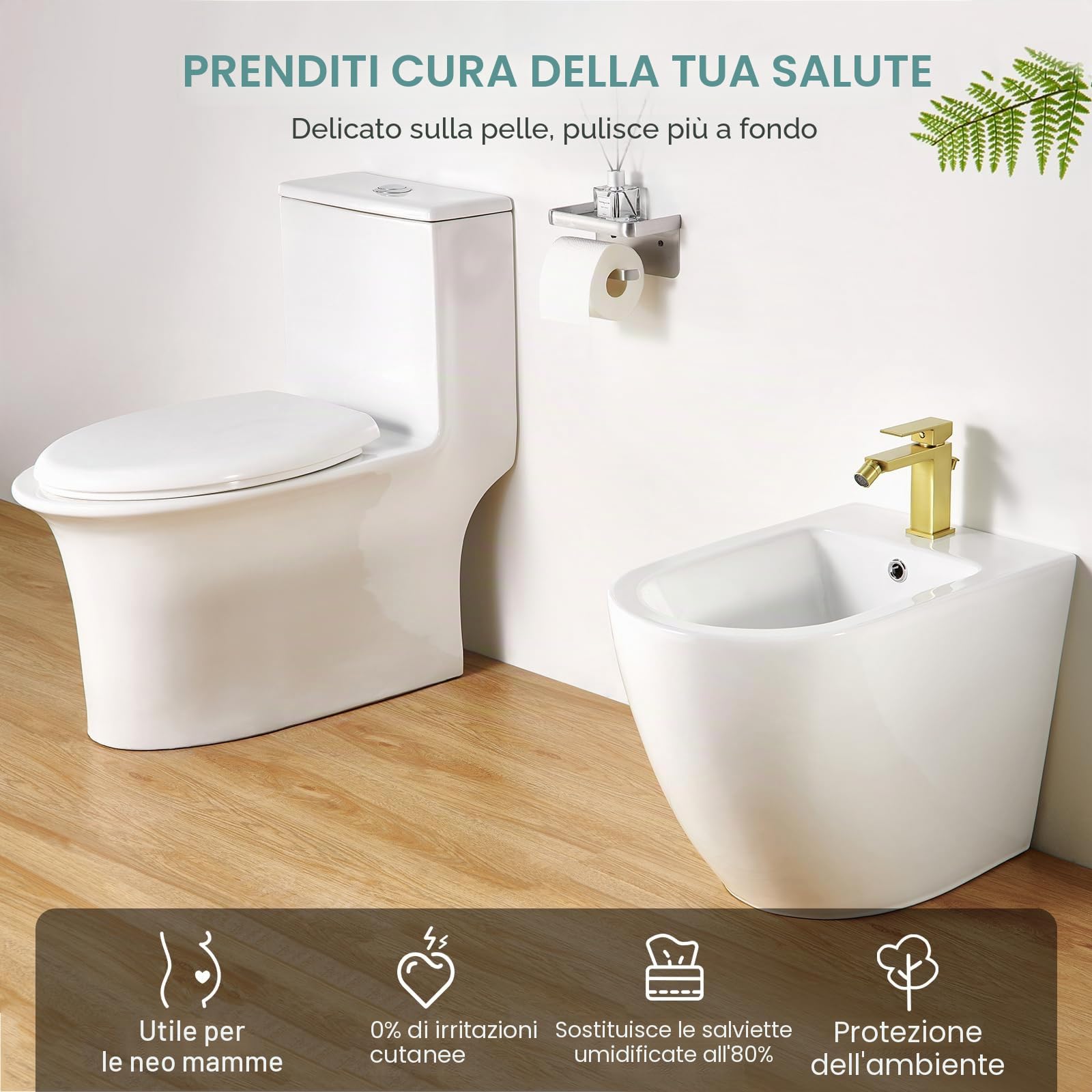 Faustina Rubinetto per Bidet WC con Tirante, Miscelatore Monoelmo Bidet in acciaio inox regolabile con giunto sferico Ottone, Spazzolato Oro