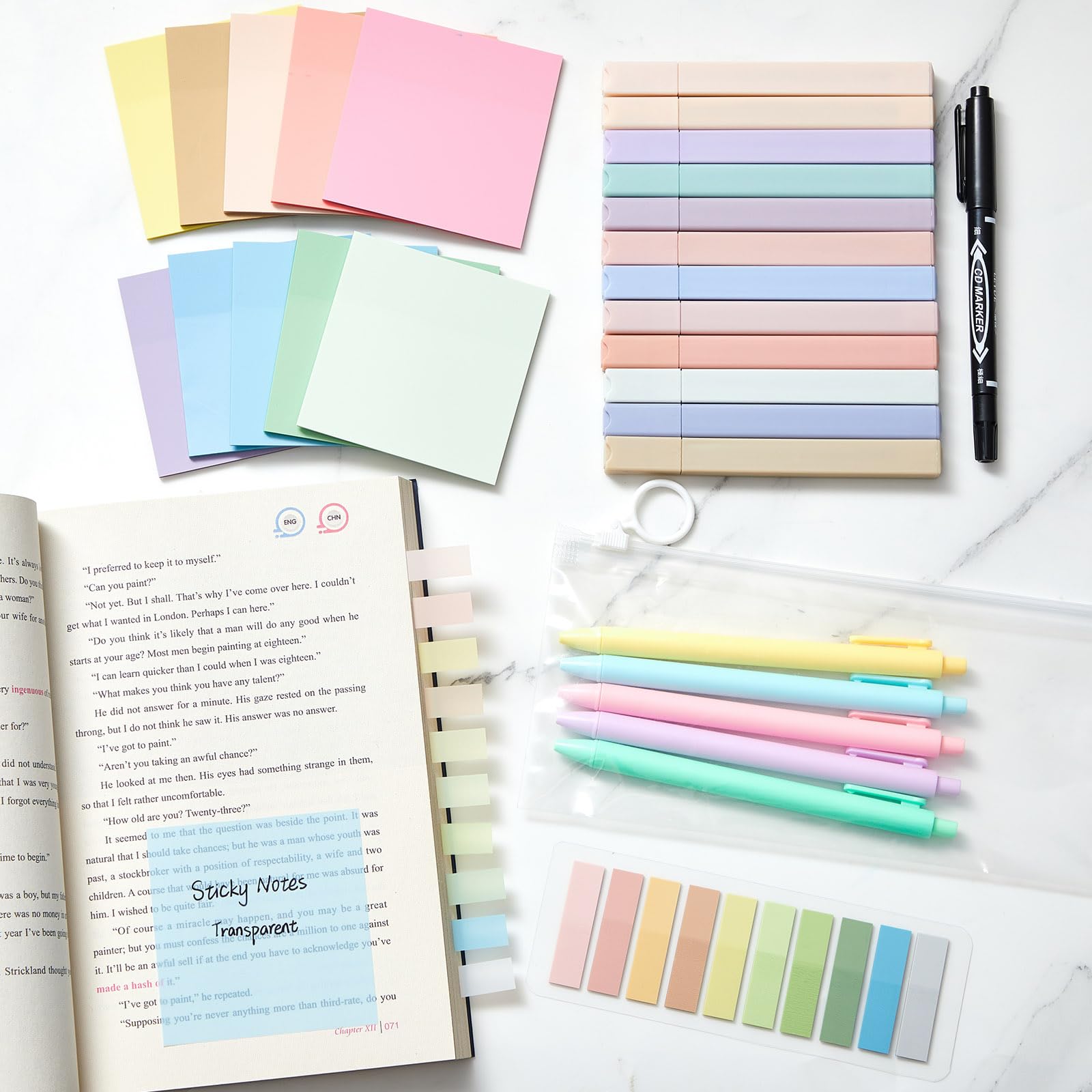 Jutom 38-teiliges Buch-Anmerkungs-Set, ästhetische Textmarker, Gelstifte, Haftnotizen, Marker, doppelseitiger Textmarker, schnell trocknende Tintenstifte für Büroanmerkungen, Bücher (Pastellfarbe,