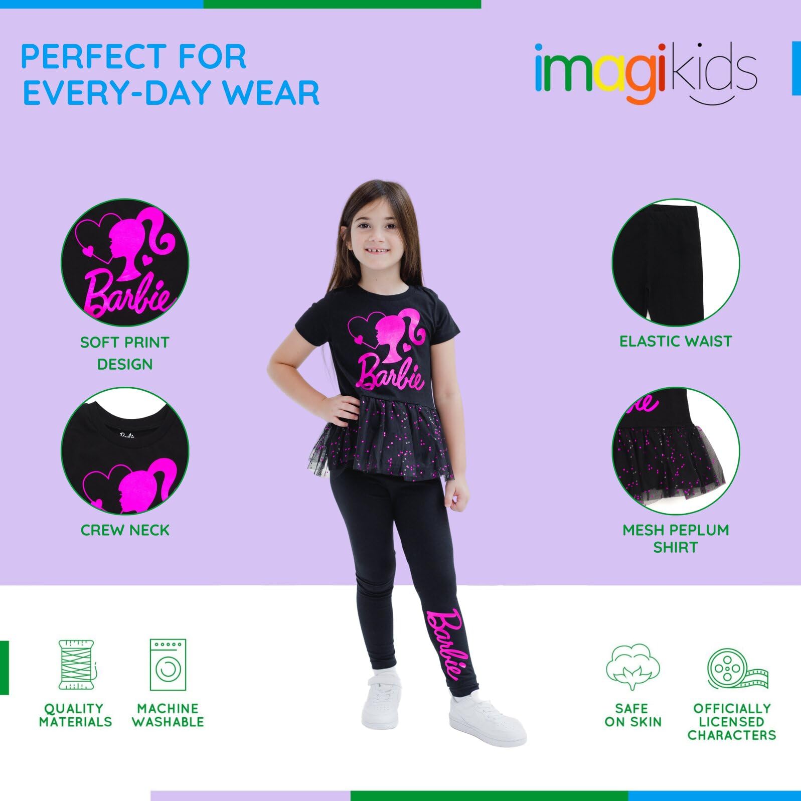 Barbie Camiseta y pantalones peplum con estampado metálico para niñas pequeñas y grandes