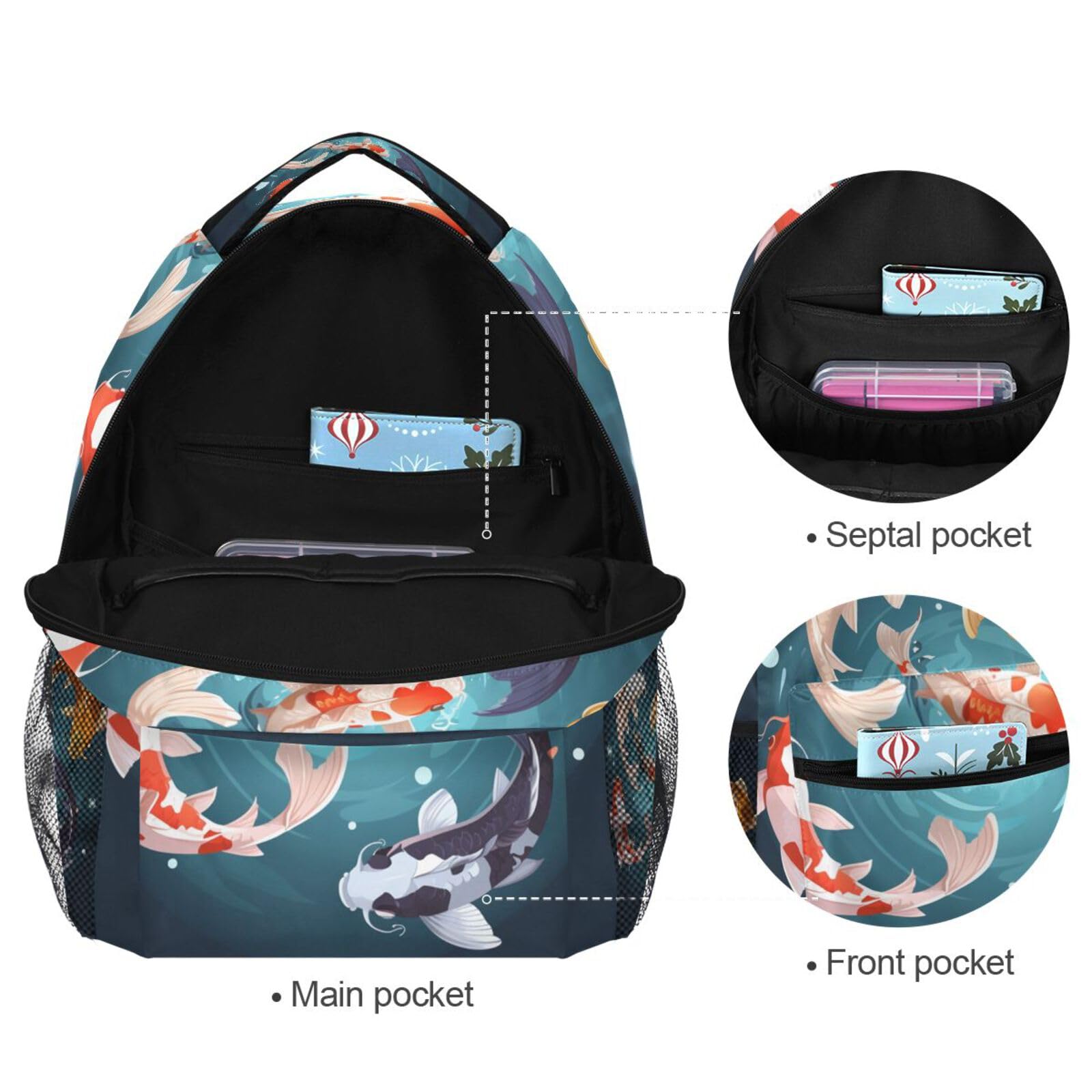 Pesce Koi Colorato Nuoto Acqua Circolare Zaino Scolastico per Ragazzi Ragazze,Borse per Libri e Studenti Alla Moda