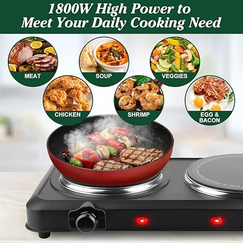 Miniatura 5 de Encimera eléctrica doble quemador, 1800 W con placa caliente de vidrio, control de temperatura continuo, fácil de limpiar, luces indicadoras, estufa