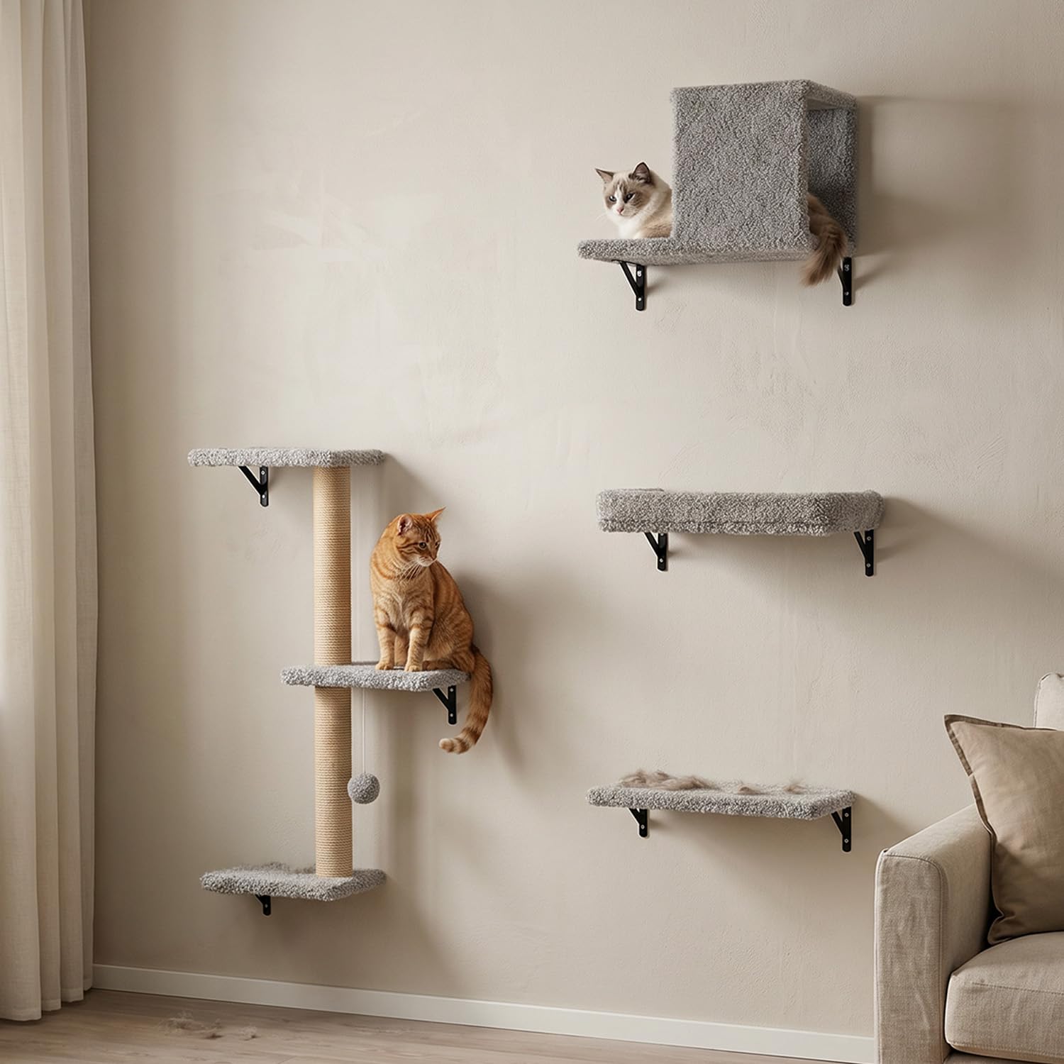 Avilia - Parco Giochi Verticale da Parete per Gatti in Legno – Percorso Attrezzato con Mensole, Sisal e Tiragraffi – Arrampicata a Muro Salvaspazio con Rivestimento Morbido – Legno Naturale