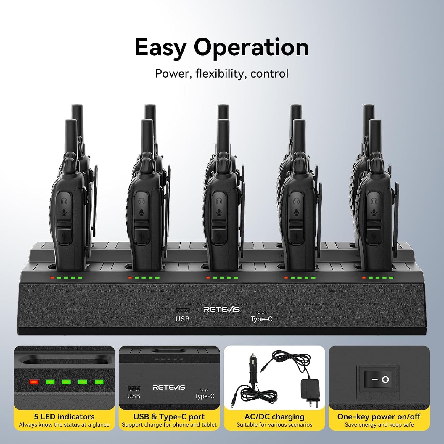 Retevis H777 Walkie Talkie con Auricular, Profesional Walkie-Talkie con Cargador de 10 Ranuras, PMR446 Radio Sin Licencia, VOX, USB-C Walkies con Auricular para Comercial y Seguridad (Negro, 10 Pcs)