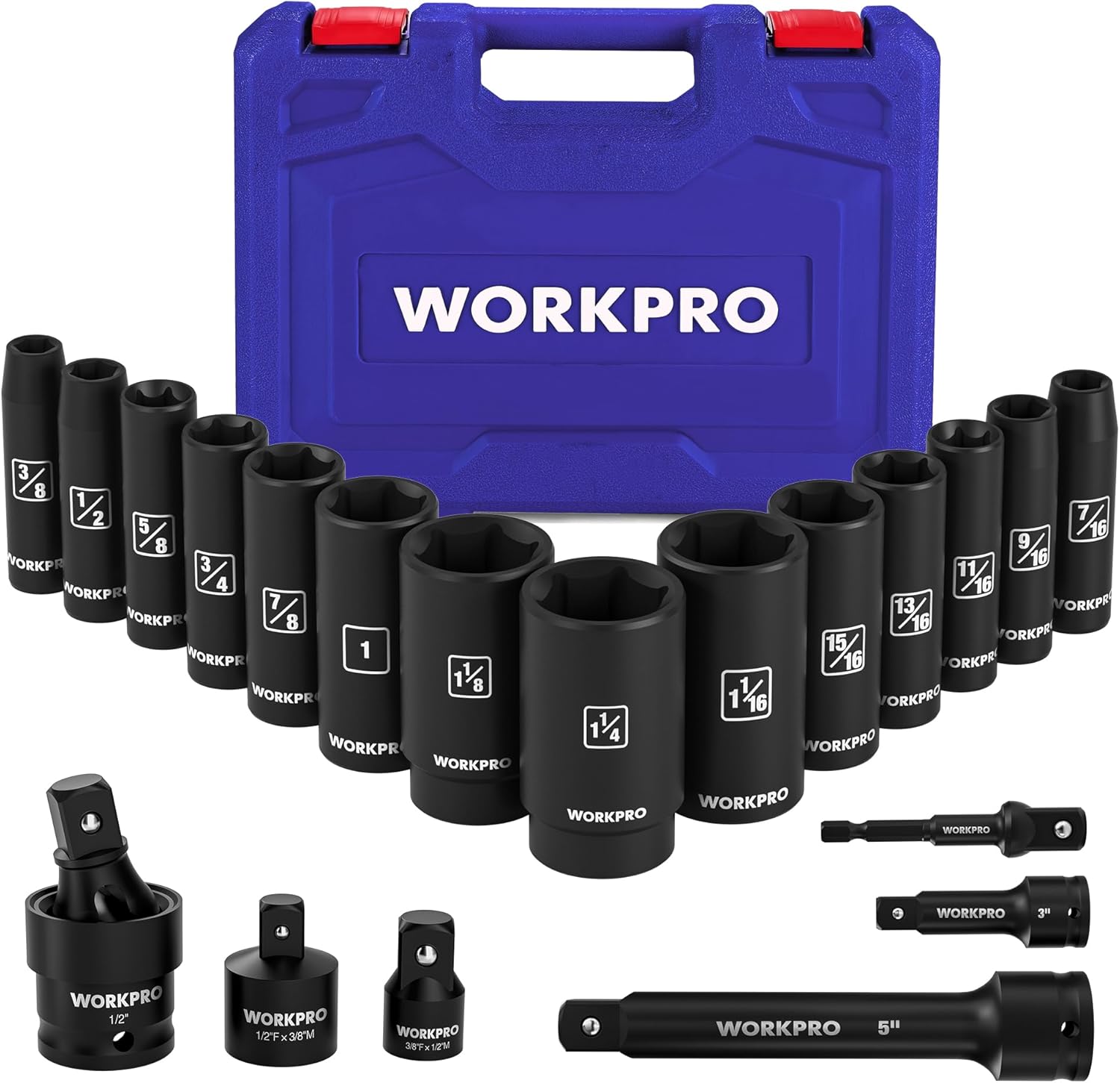 WORKPRO 20-Piece 1/2＂ Drive Deep Impact Socket Set, 6-Point, Cr-V Steel, 10-27mm, Universal Joint, Adapter and Extension Bar, SAE