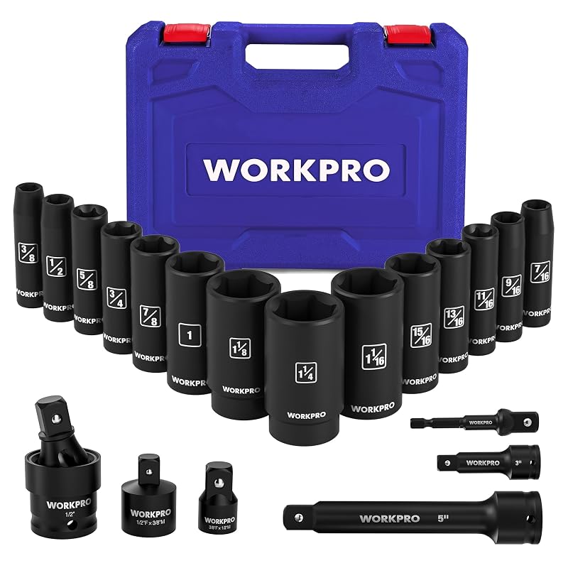 Jogo de soquetes de impacto profundos WORKPRO com acionamento de 12,7 mm (1/2 pol.), SAE, 20 peças