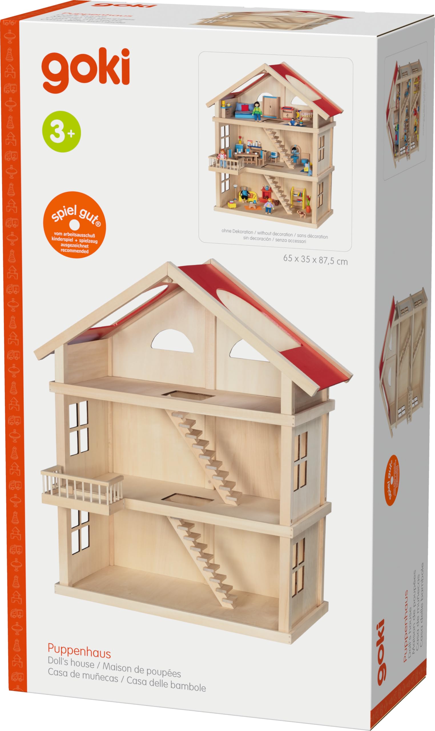goki 51957 Puppenhaus aus Holz, 65 x 35 x 87,5 cm – großes Holzpuppenhaus, 3 Etagen, offenes Design, rote Dachflächen, Treppen & Balkon für kreative Rollenspiele, Puppenhaus-Spielwelt