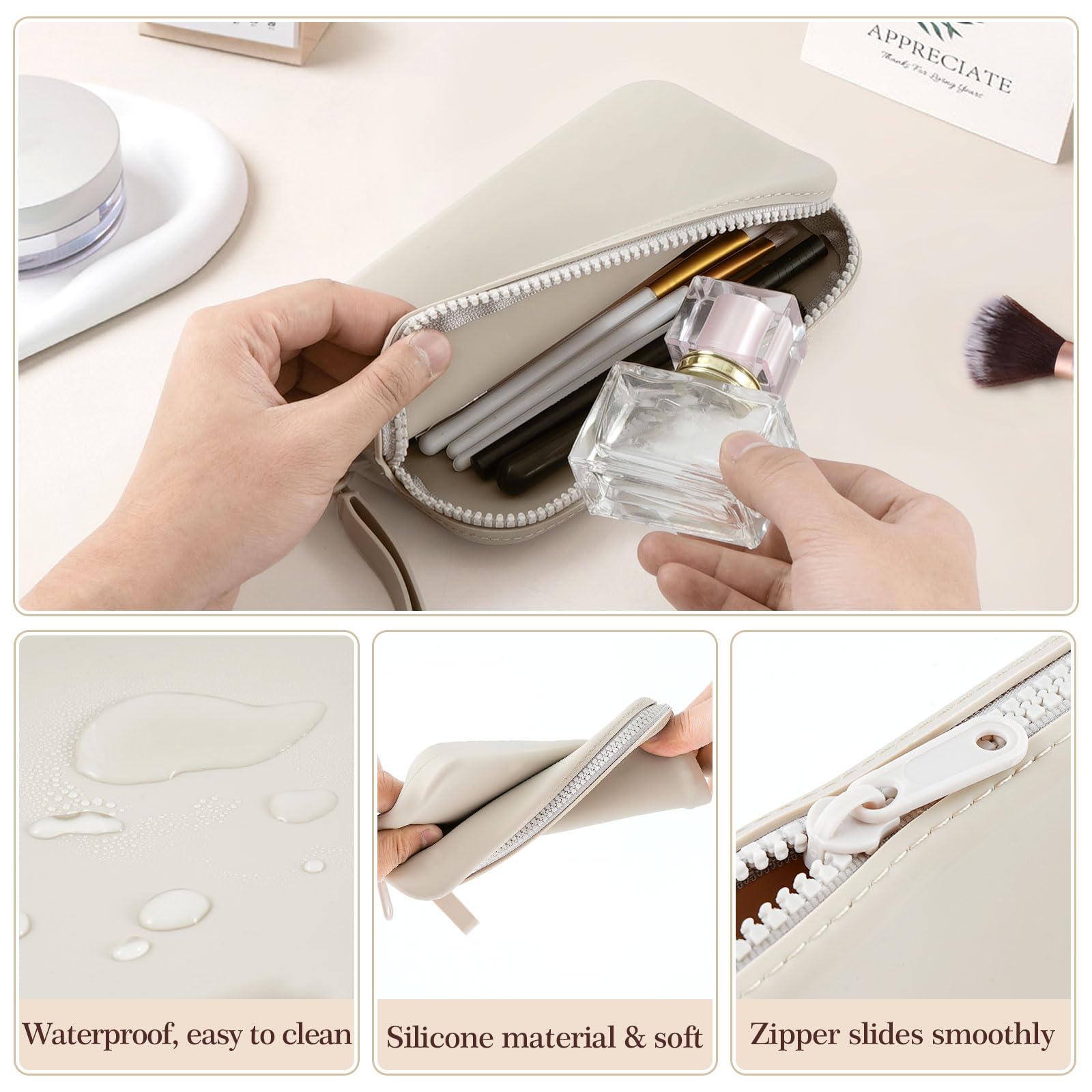 2Pcs Makeup Bag Silicone Cosmetic Bag Large Pouch Portable Travel Toiletry Make up Bags Waterproof Storage for Women Men Grey - Image 3